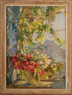 Antique Italian Impressionist Amalfi Coast Flower Landscape Framed Oil Painting