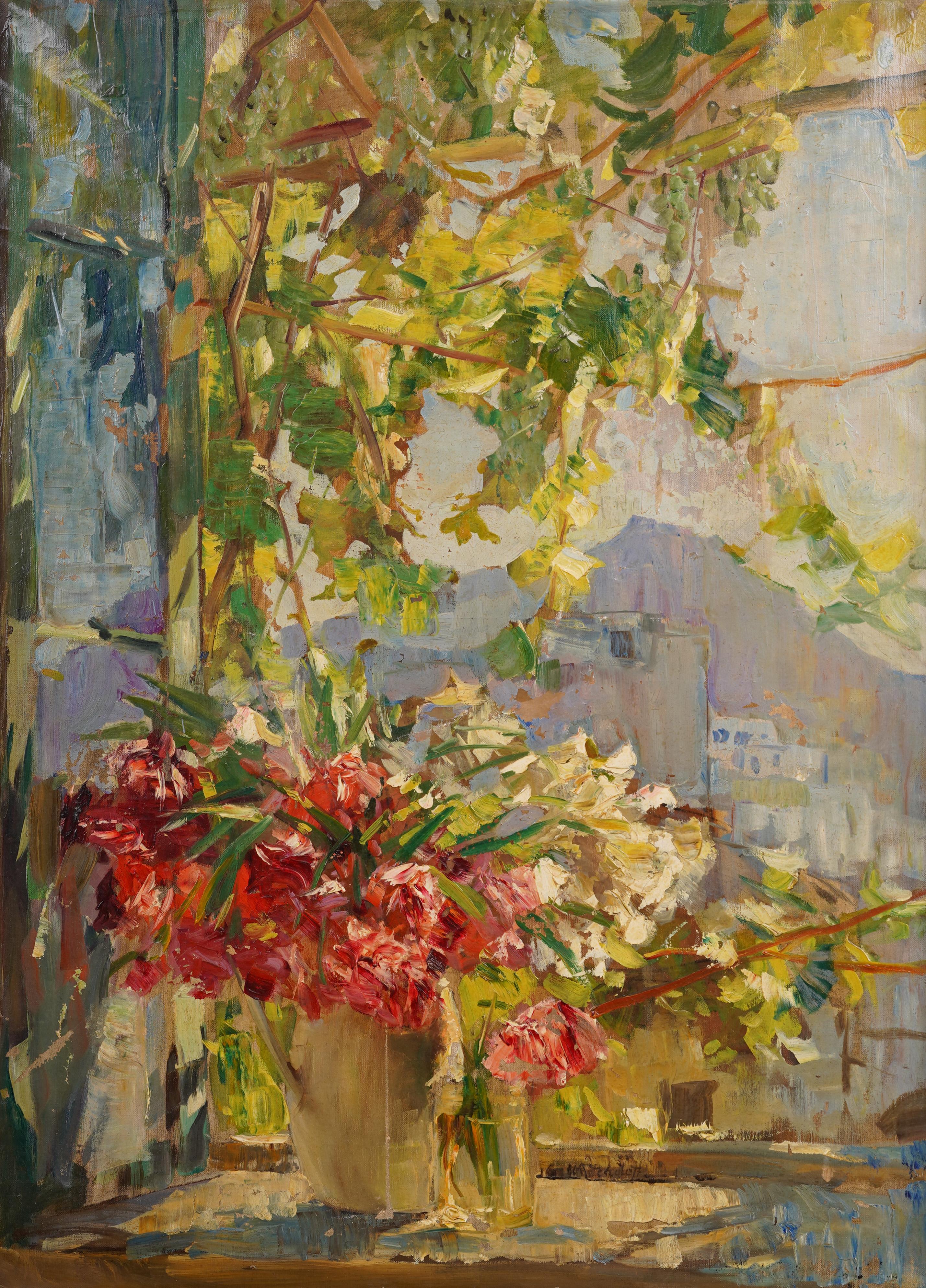 Ancienne peinture à l'huile impressionniste italienne de la côte amalfitaine, encadrée de fleurs - Impressionnisme Painting par Unknown