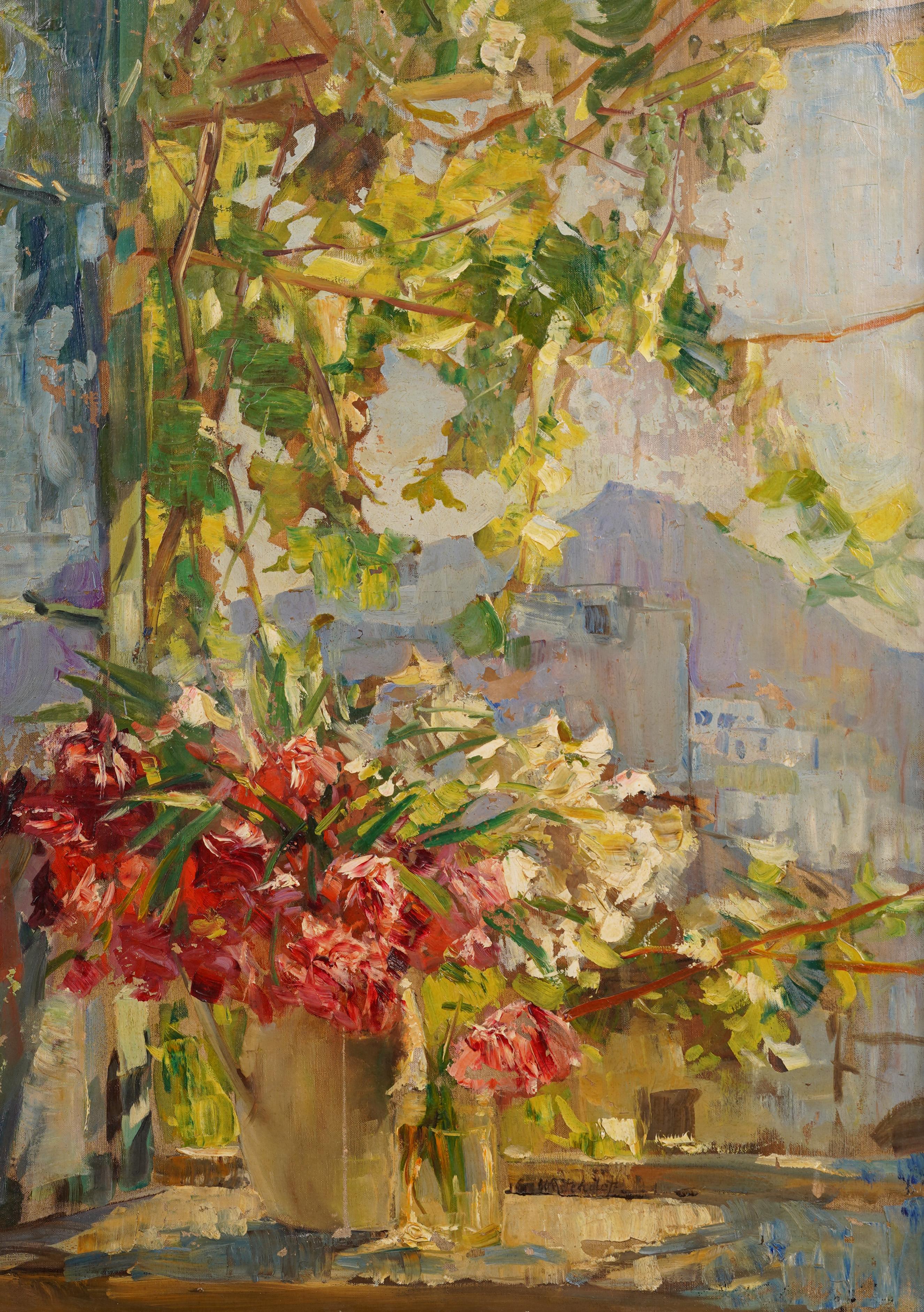 Antique Italian Impressionist Amalfi Coast Flower Landscape Framed Oil Painting For Sale 2