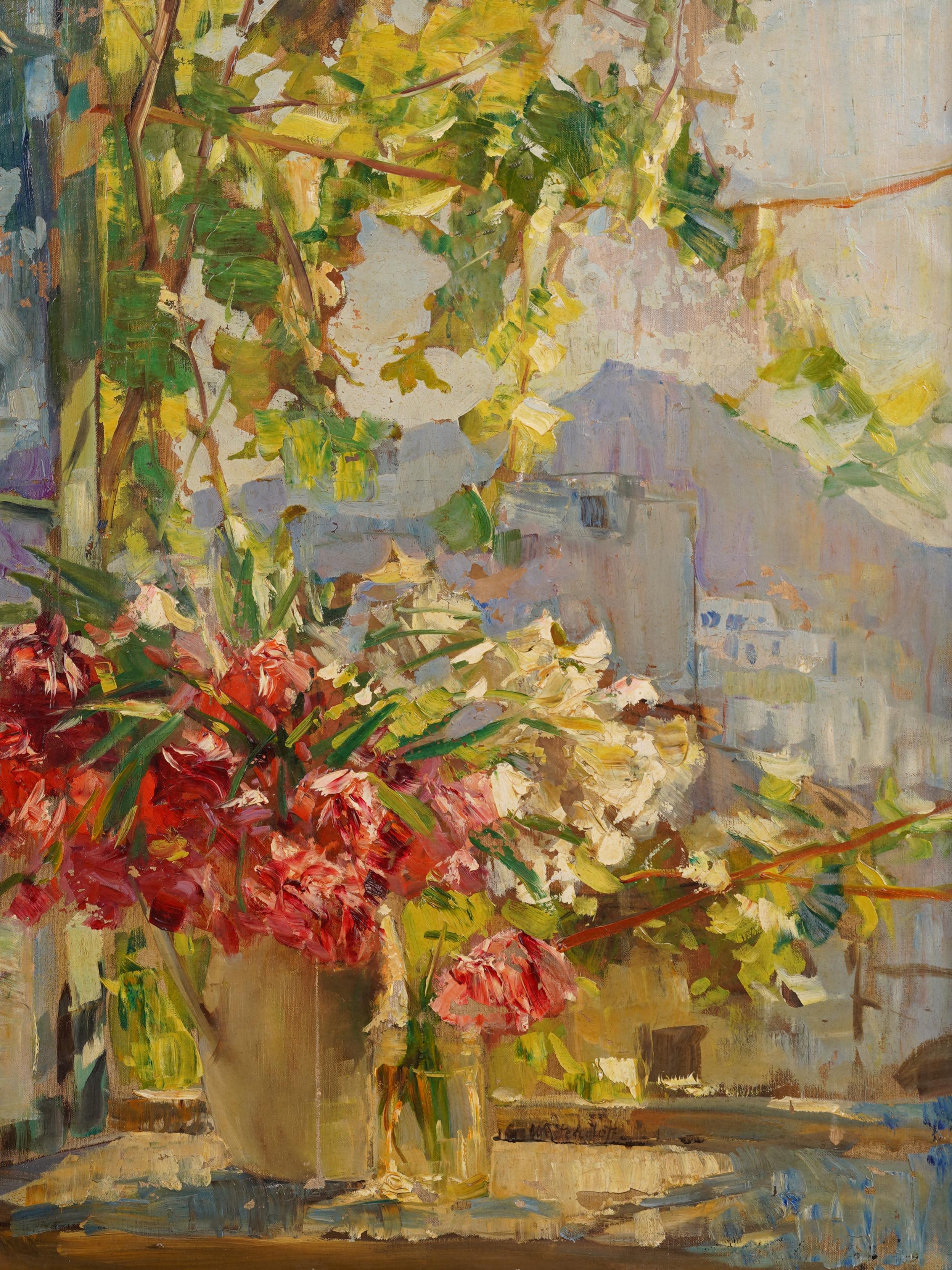Ancienne peinture à l'huile impressionniste italienne de la côte amalfitaine, encadrée de fleurs en vente 1
