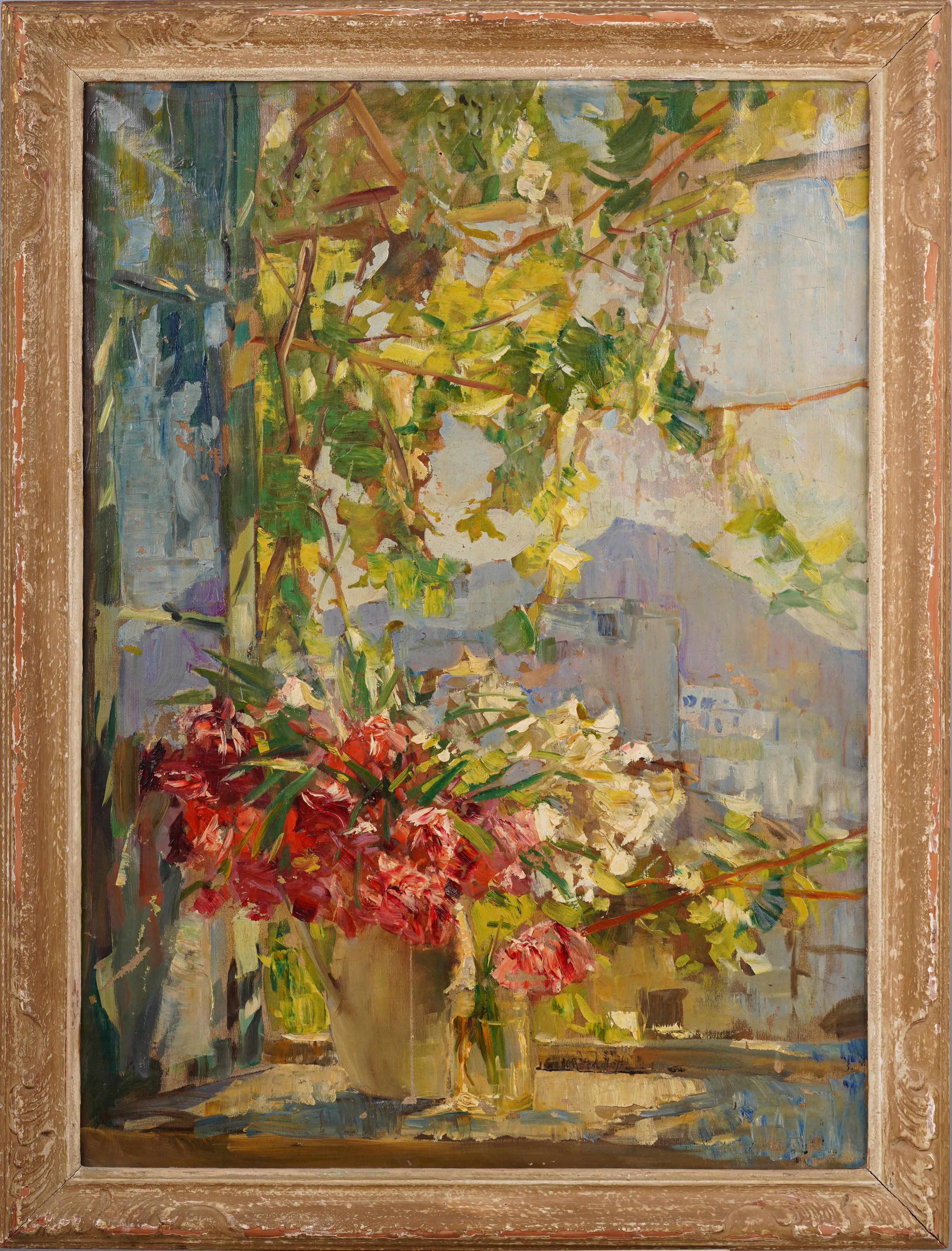 Landscape Painting Unknown - Ancienne peinture à l'huile impressionniste italienne de la côte amalfitaine, encadrée de fleurs