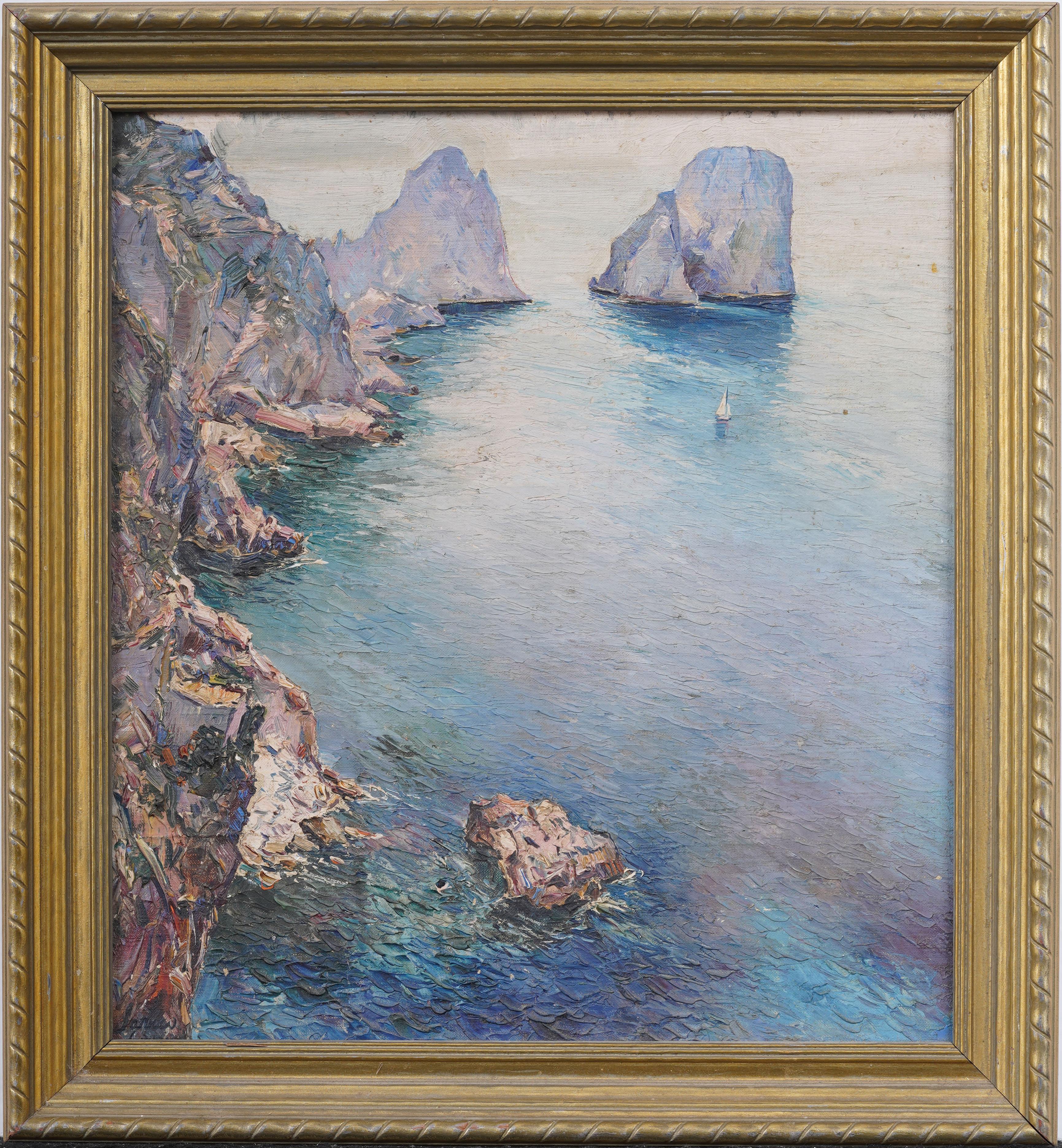 Antique Italian Impressionist Capri Seascape Signed Giltwood Framed Oil Painting