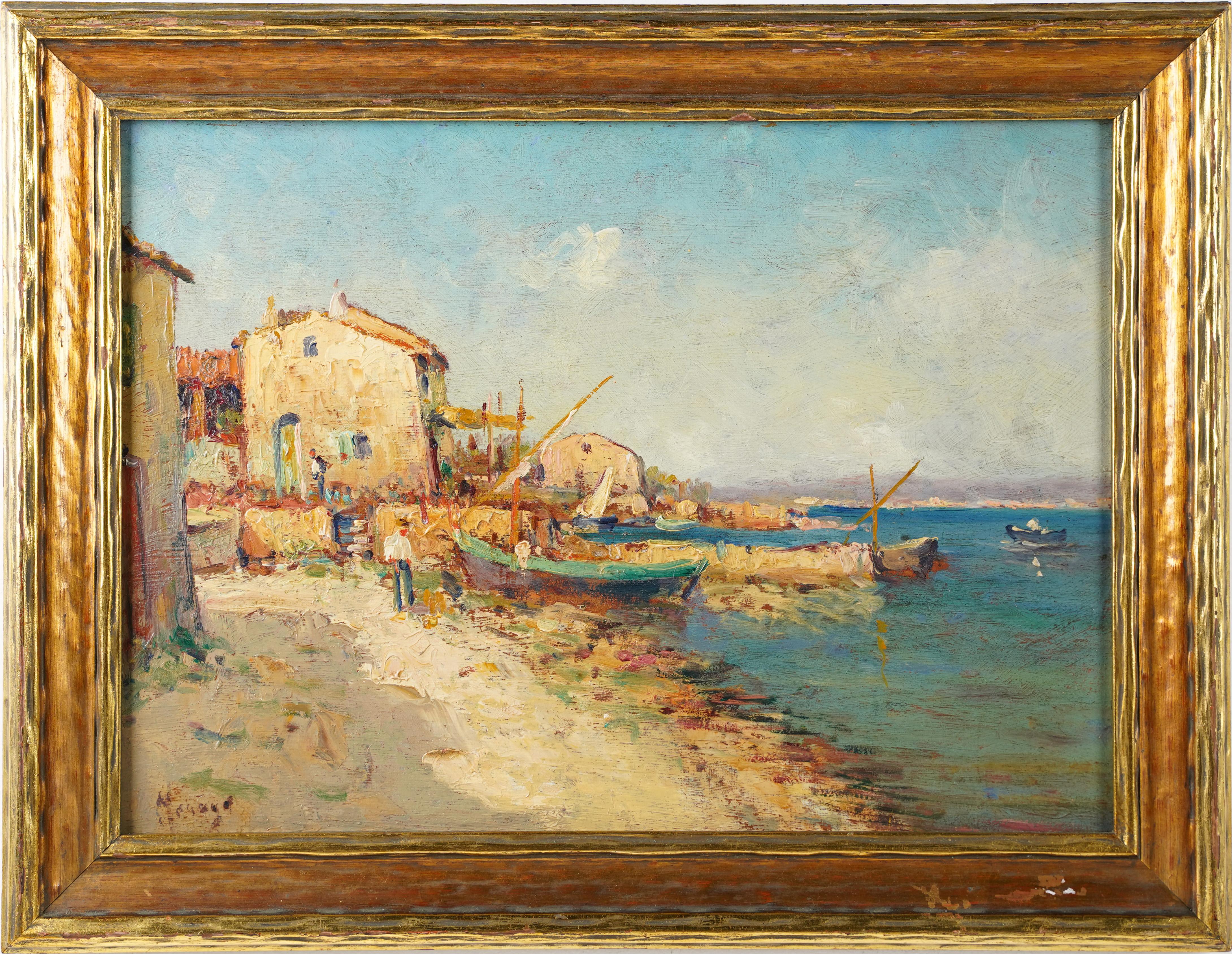 Antique Italian Impressionist Coastal Landscape Signed Framed Oil Painting - Brown Landscape Painting by Unknown