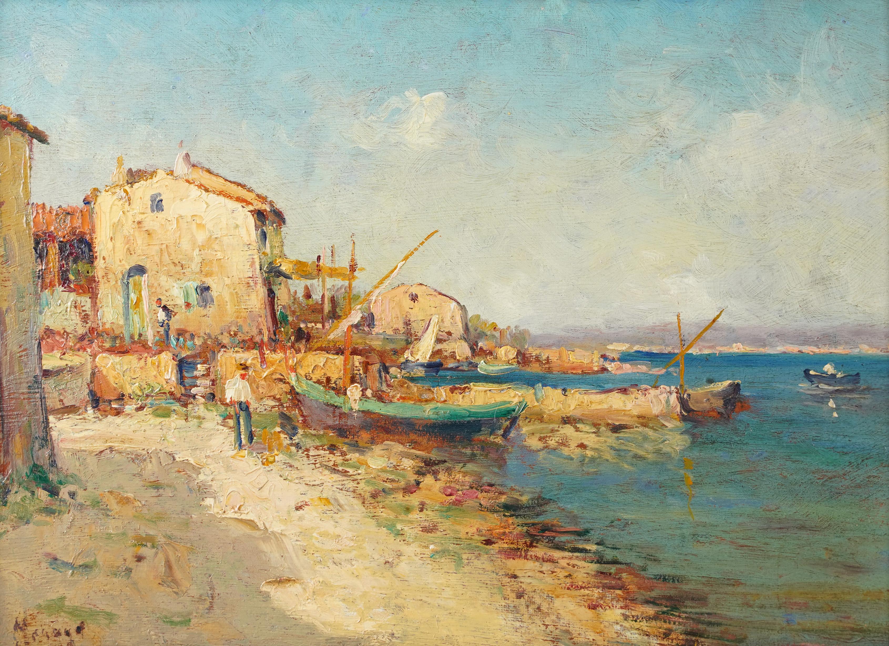 Antique Italian Impressionist Coastal Landscape Signed Framed Oil Painting 1