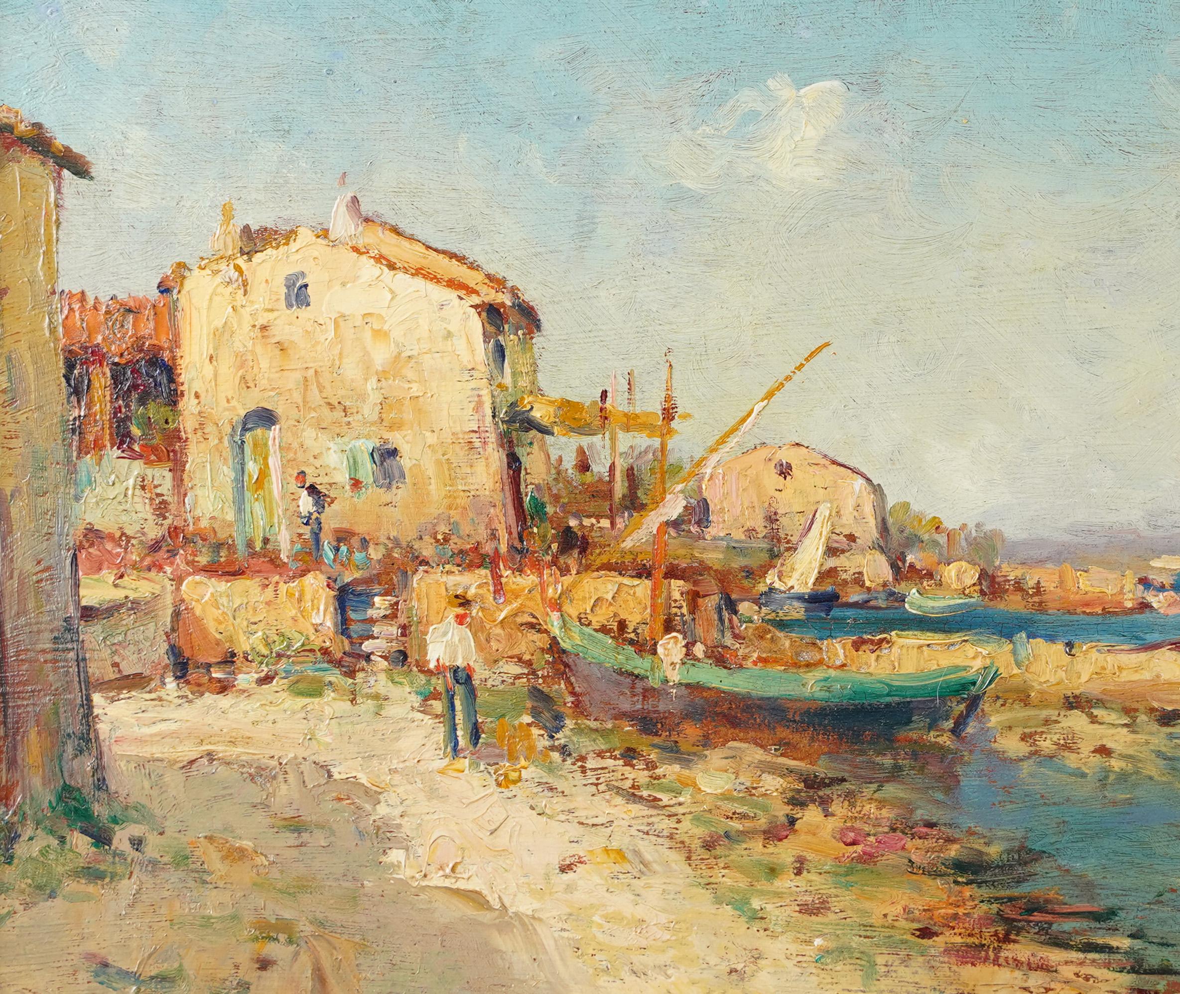 Antique Italian Impressionist Coastal Landscape Signed Framed Oil Painting 2