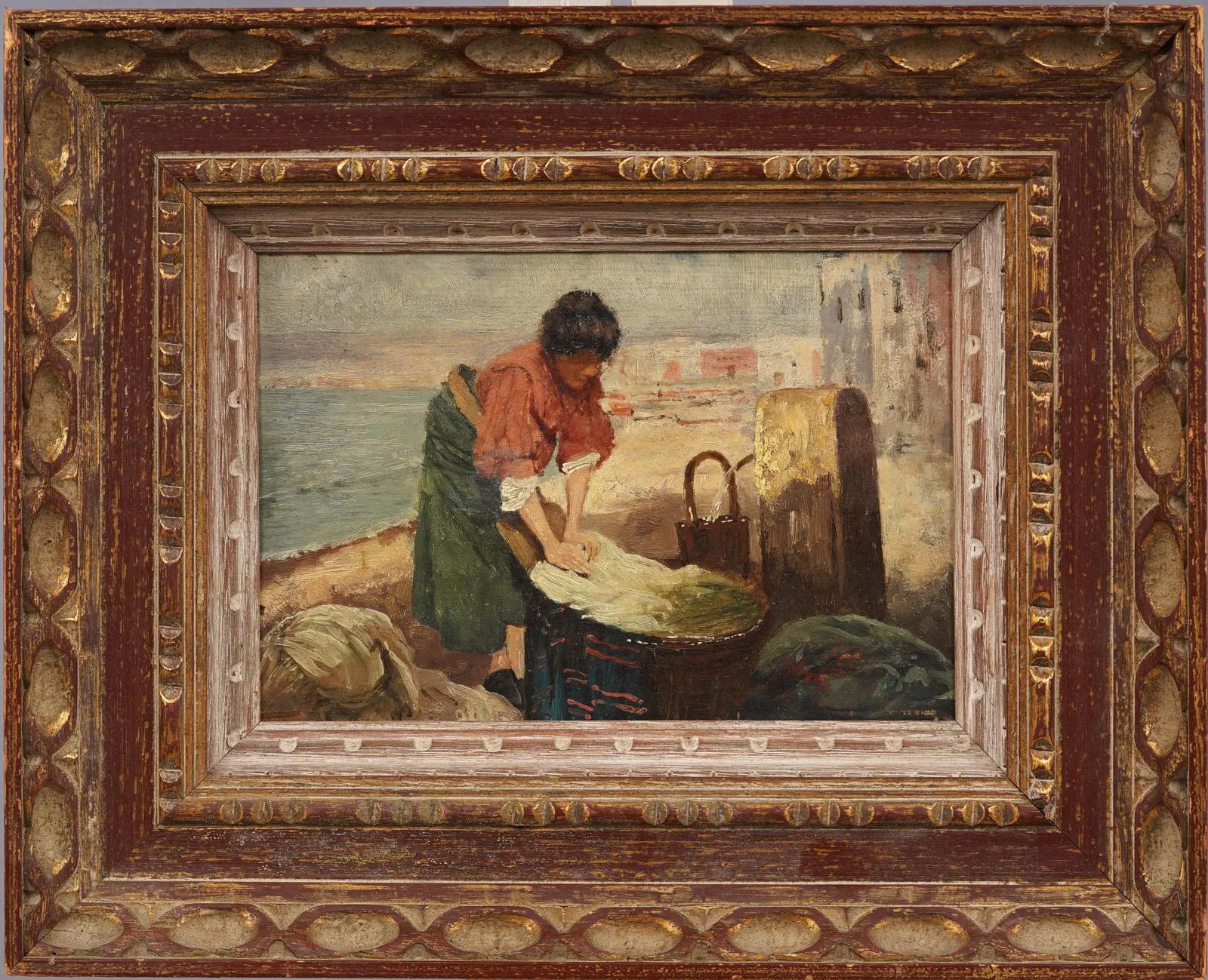 Antique Italian Impressionist Coastal Seascape Woman Washing Clothes Painting - Brown Figurative Painting by Unknown