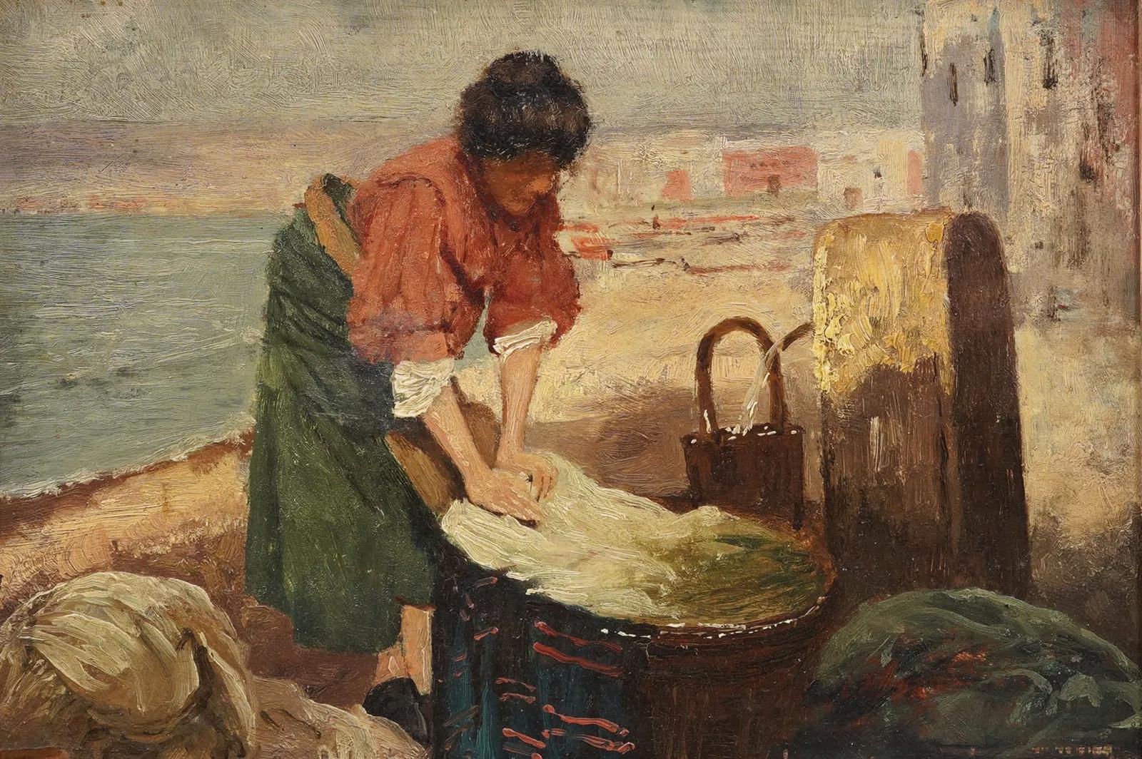 Impressive early Italian impressionist seaside portrait painting.  Oil on board.  Framed.  Measuring 7.25H by 10.75L.  