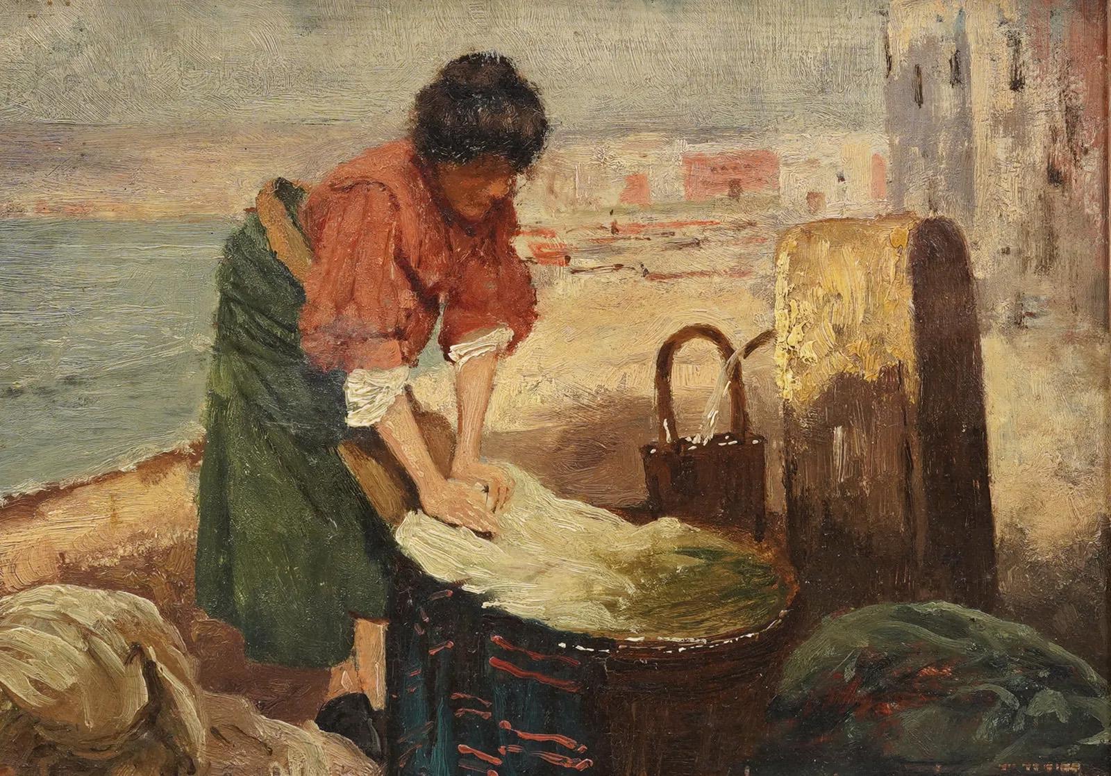 Antique Italian Impressionist Coastal Seascape Woman Washing Clothes Painting For Sale 1