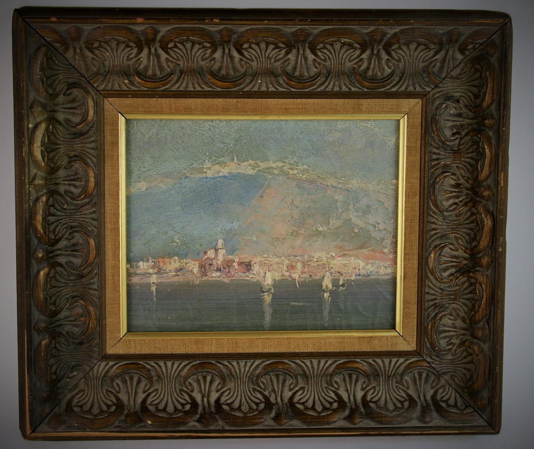 Antique Italian Impressionist Coastline Landscape Oil Painting  Circa 1940's For Sale 1