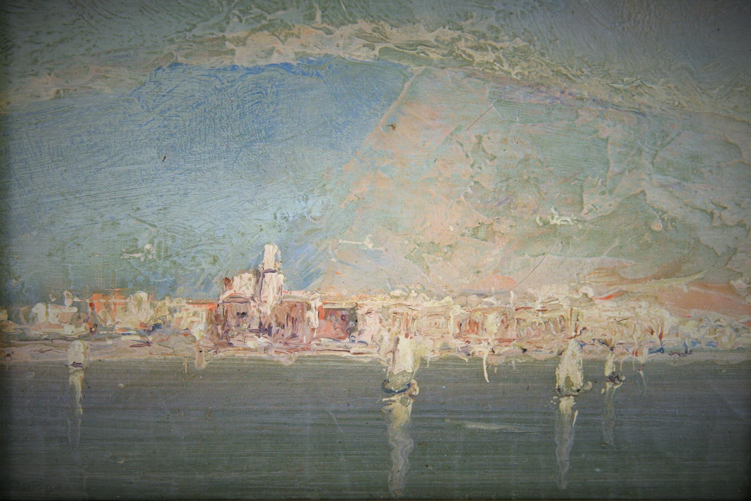 Antique Italian Impressionist Amalfi Coastline  Oil Painting  Circa 1940's - Gray Landscape Painting by Unknown