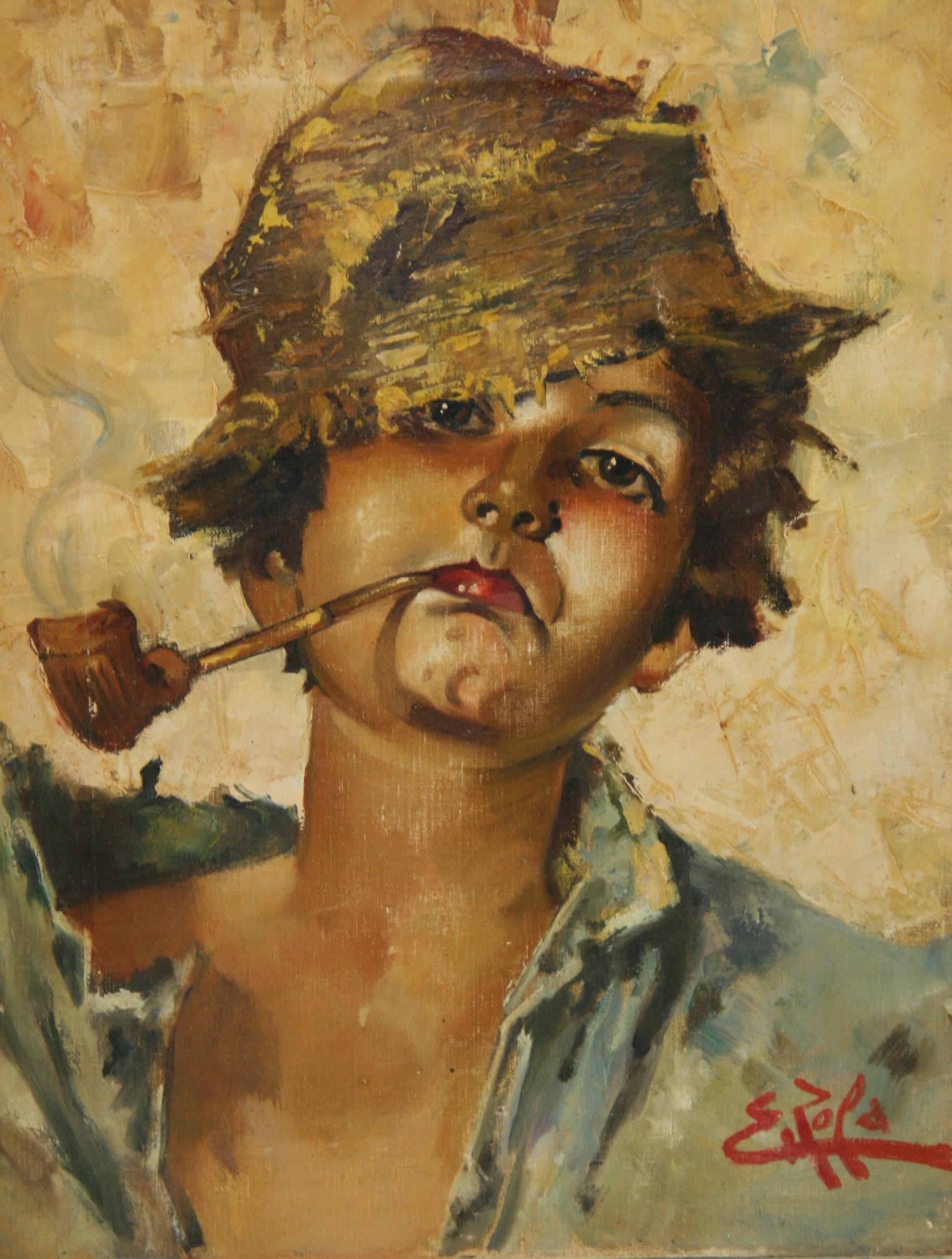 4027 Oil on canvas set in a period frame of a young boy smoking a pipe
Signed  E.Pofa
Image size 11.5x16
