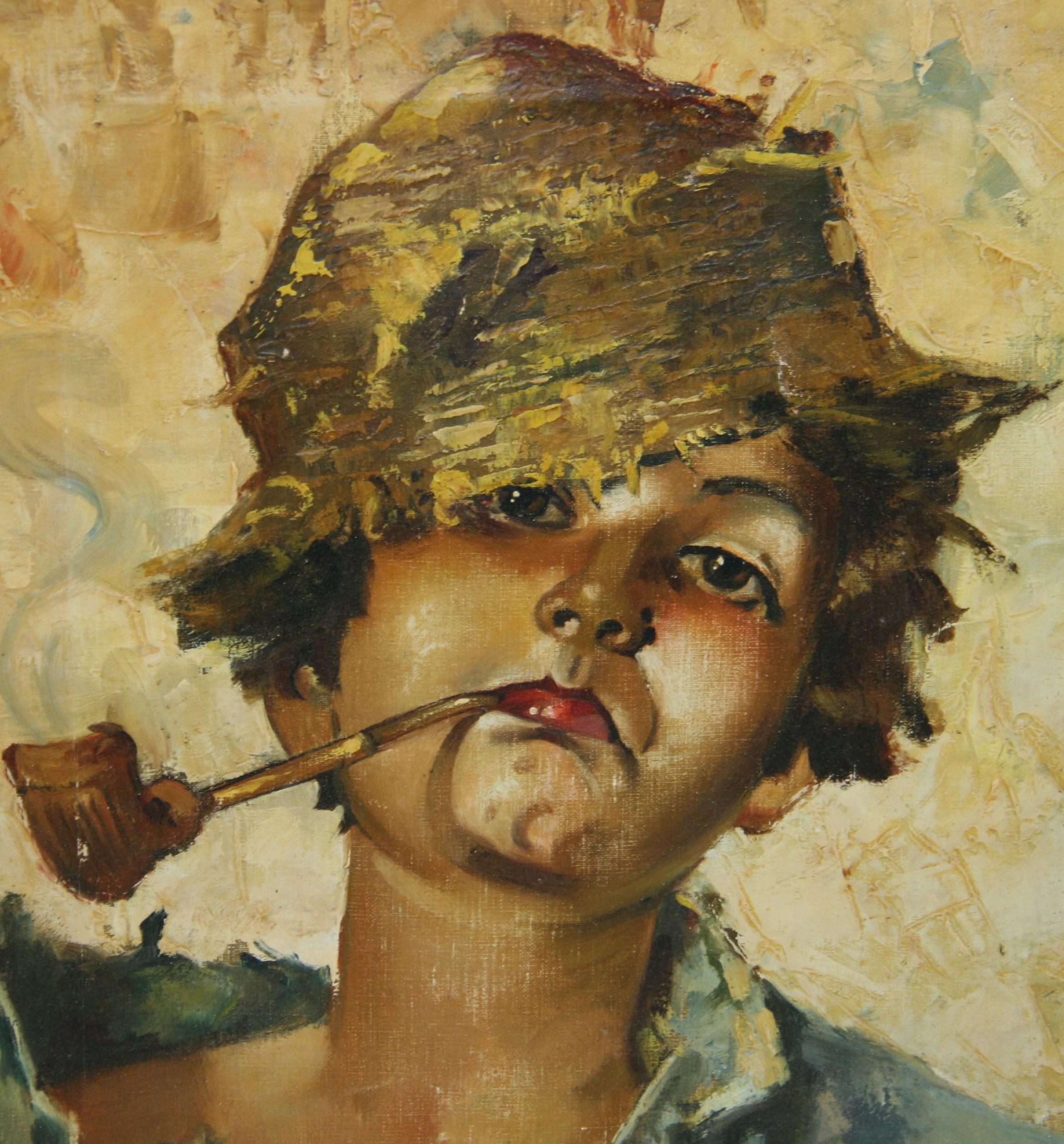 Antique Italian  INeapolitan Young Man  Smoking a Pipe oil Painting For Sale 1