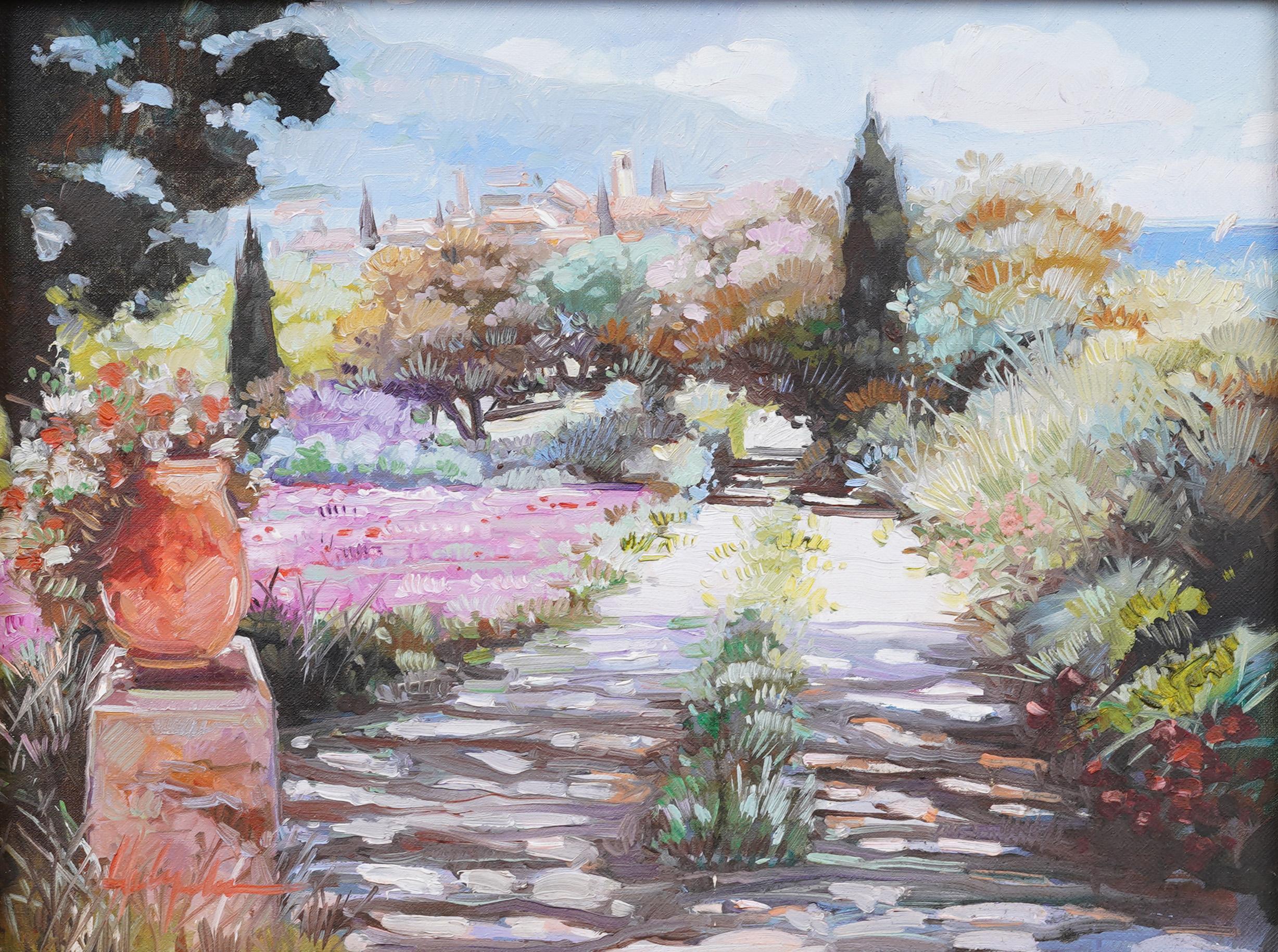 Antiguo cuadro al óleo italiano impresionista enmarcado Paisaje floral firmado - Painting Abstracto de Unknown