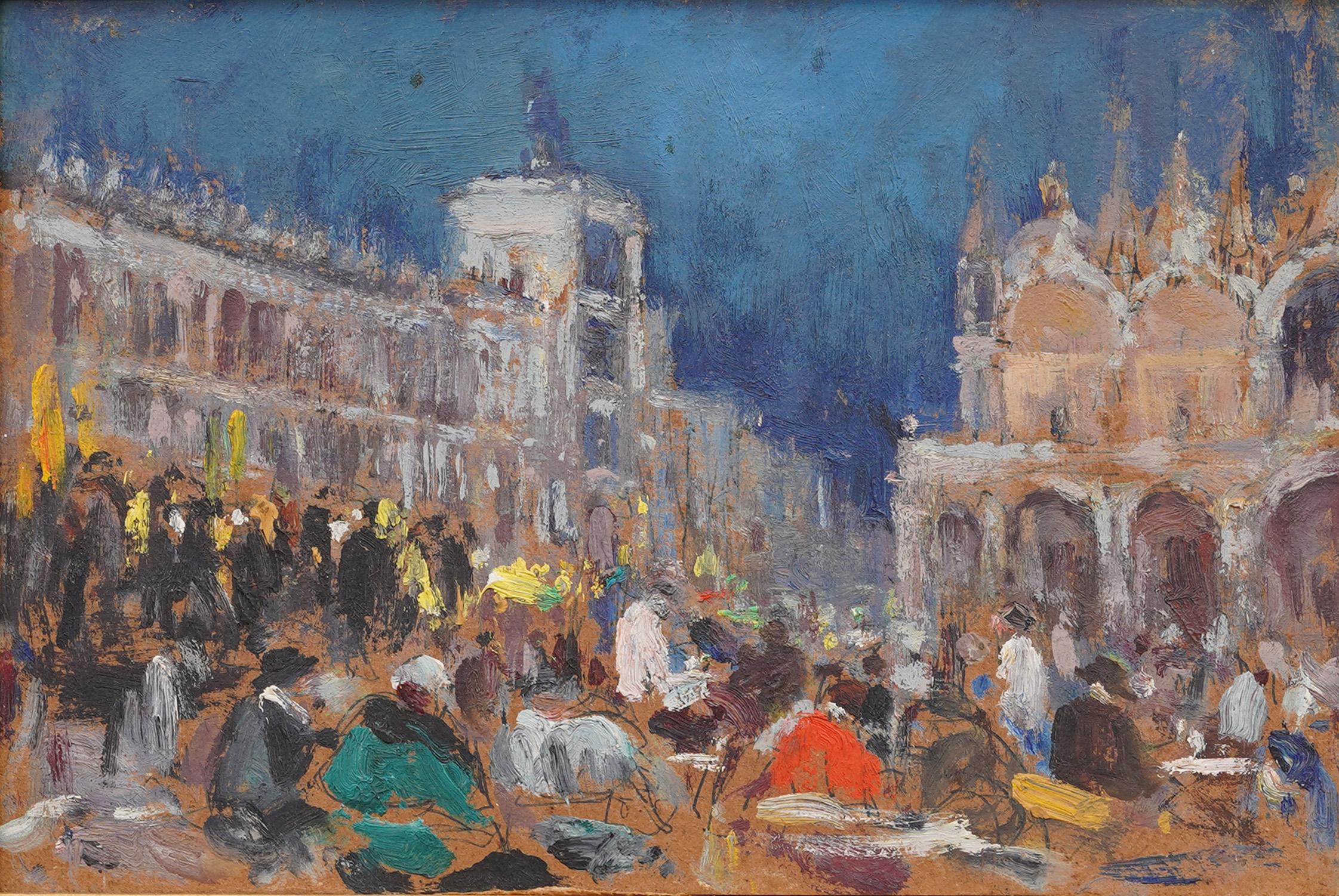 Antique Italian Impressionist Framed St Marks Square Early Detailed Oil Painting For Sale 1