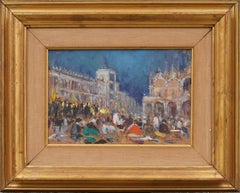 Antico dipinto ad olio impressionista italiano incorniciato in Piazza San Marco, con i primi dettagli