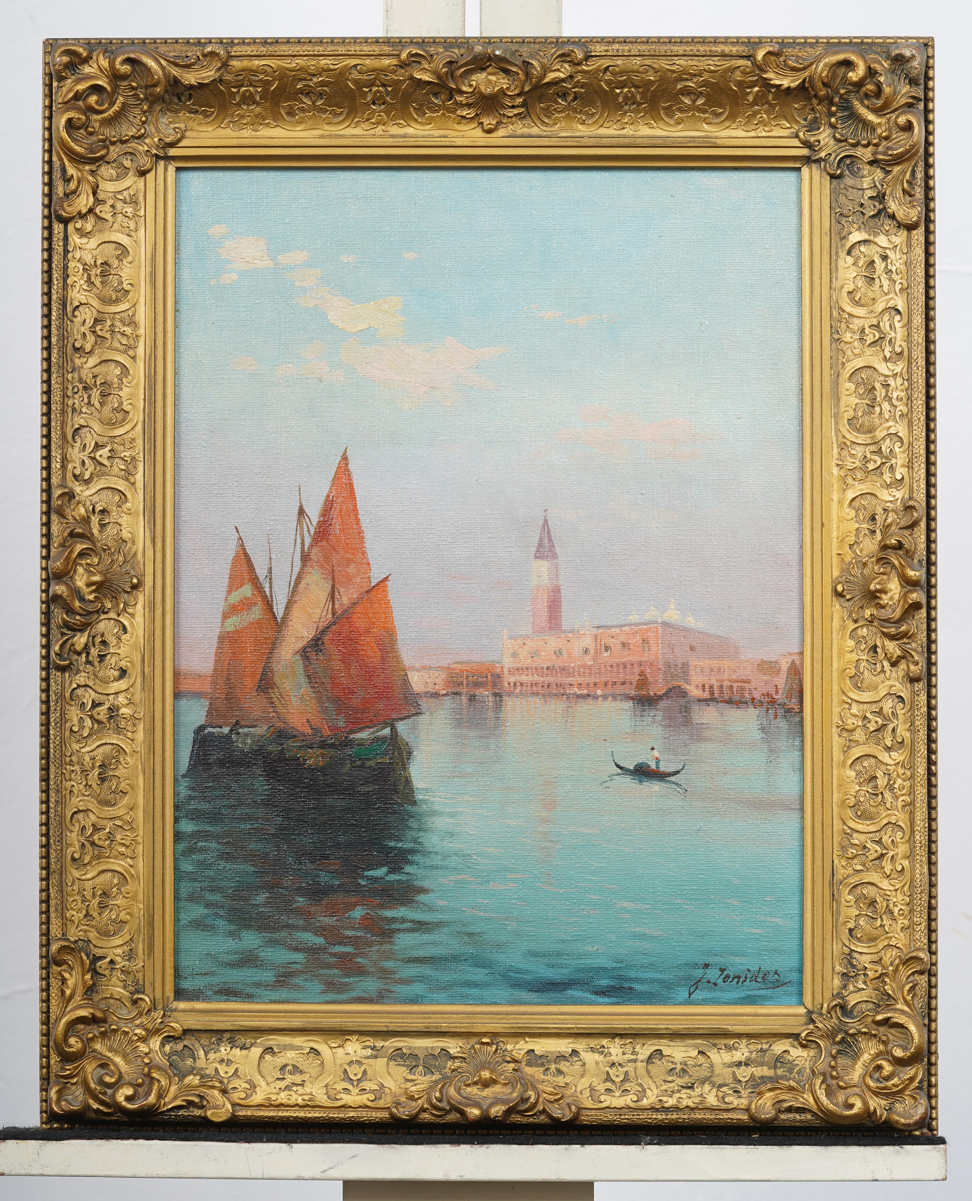 Antiguo cuadro impresionista italiano firmado Paisaje urbano de Venecia con marco dorado - Painting de Unknown