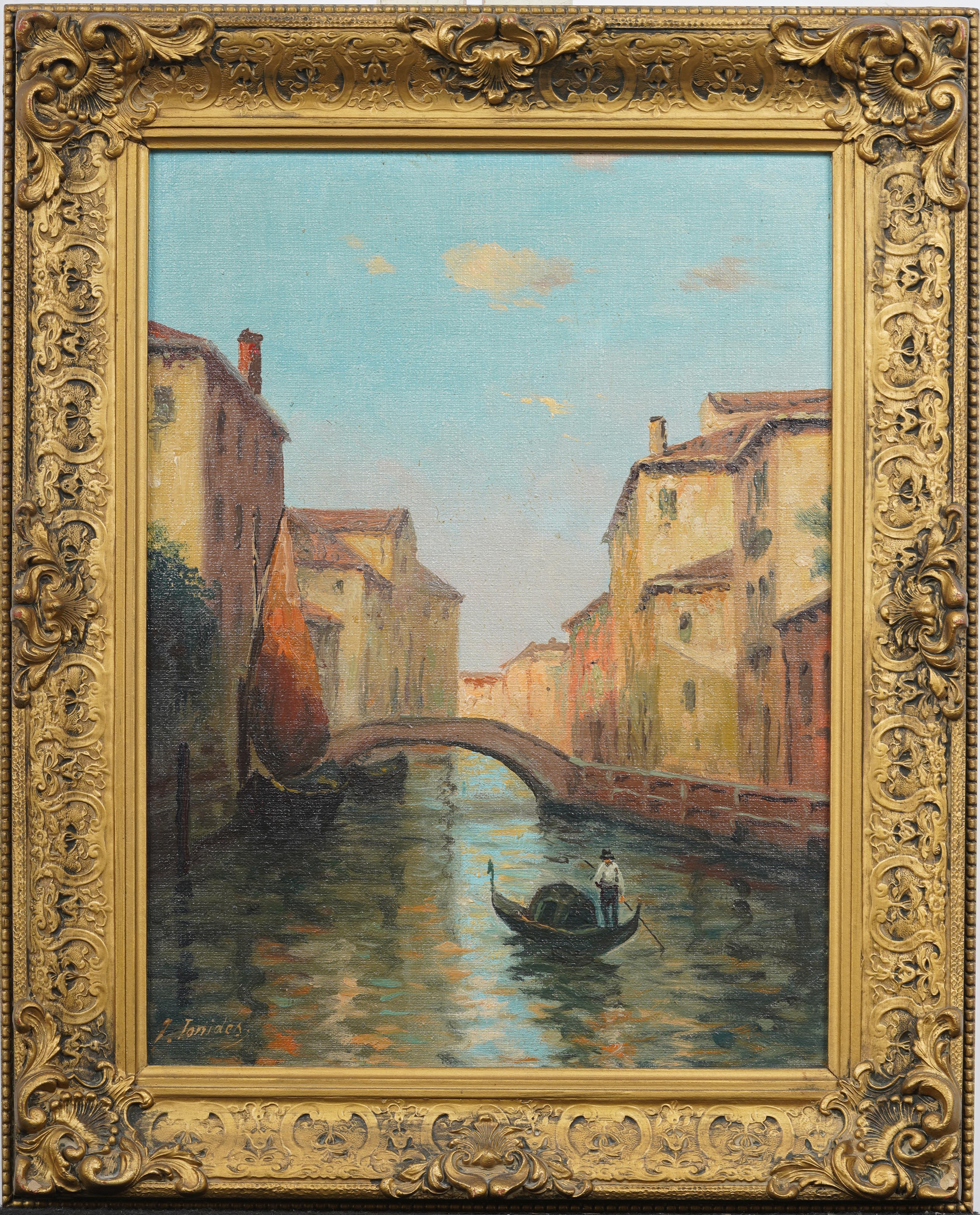 Antike italienische Impressionisten signiert Venedig Stadtbild Gold vergoldet gerahmte Malerei – Painting von Unknown