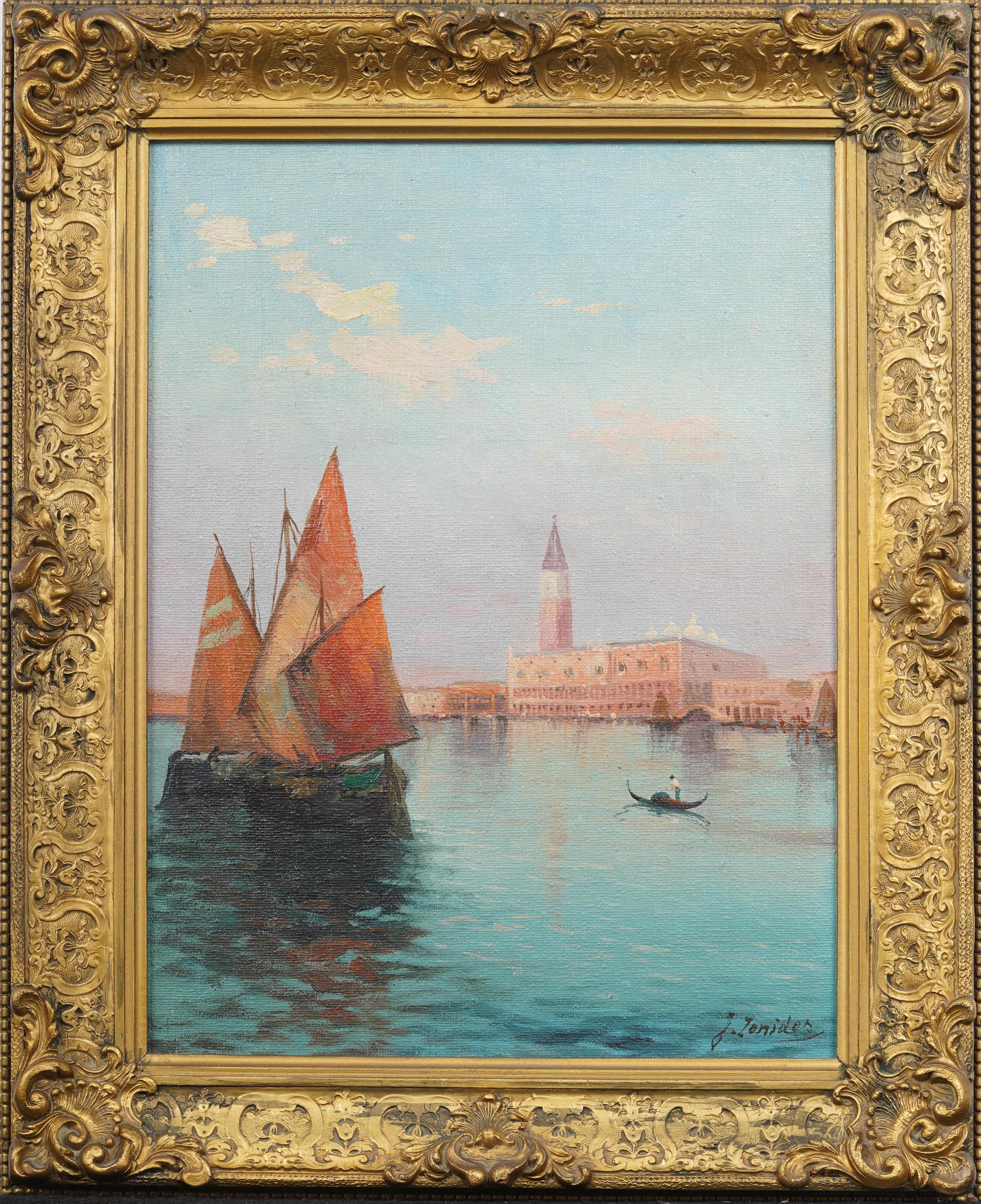 Antiguo cuadro impresionista italiano firmado Paisaje urbano de Venecia con marco dorado - Painting Impresionista de Unknown