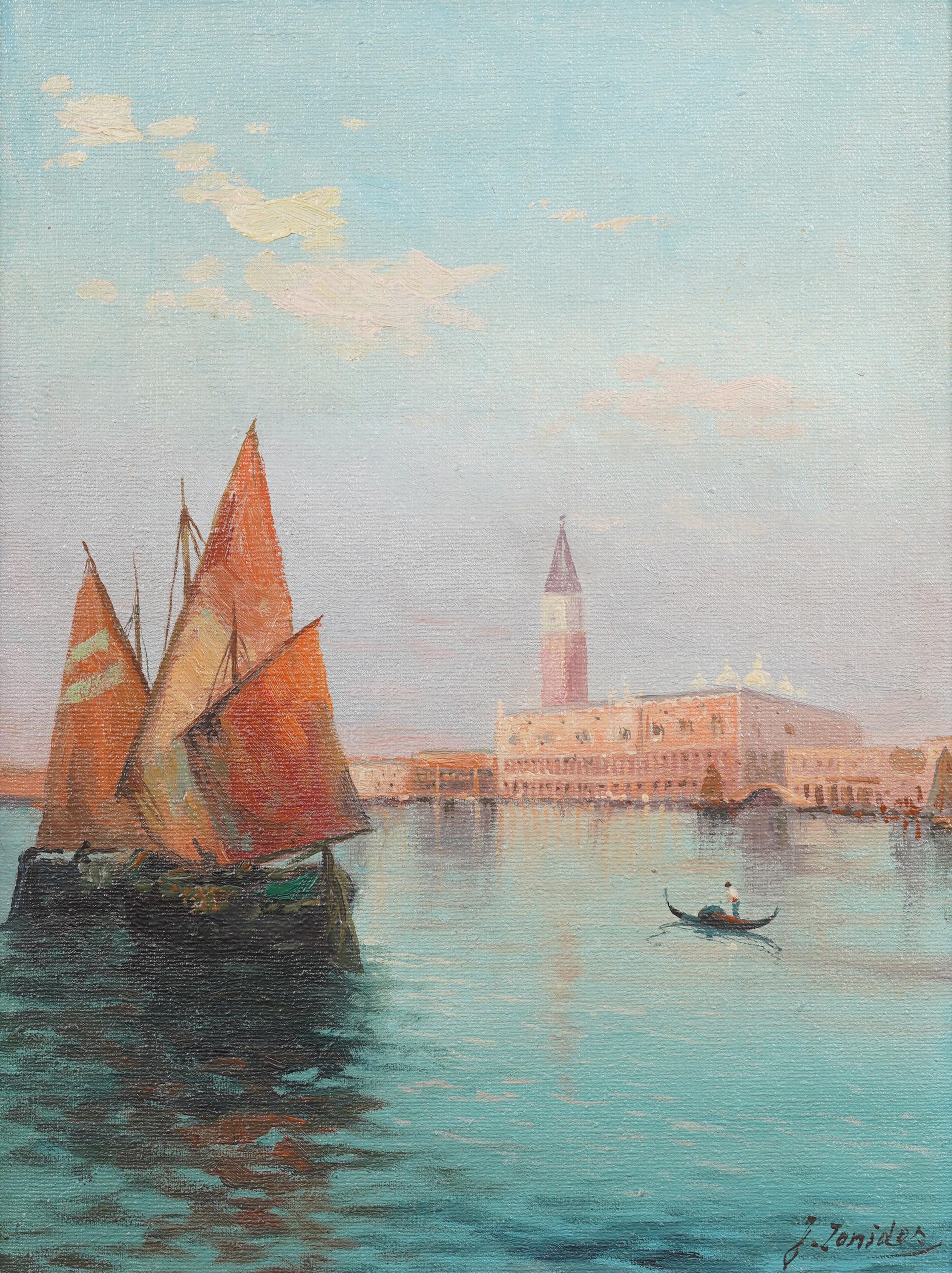 Antiguo cuadro impresionista italiano firmado Paisaje urbano de Venecia con marco dorado - Landscape Painting Marrón de Unknown