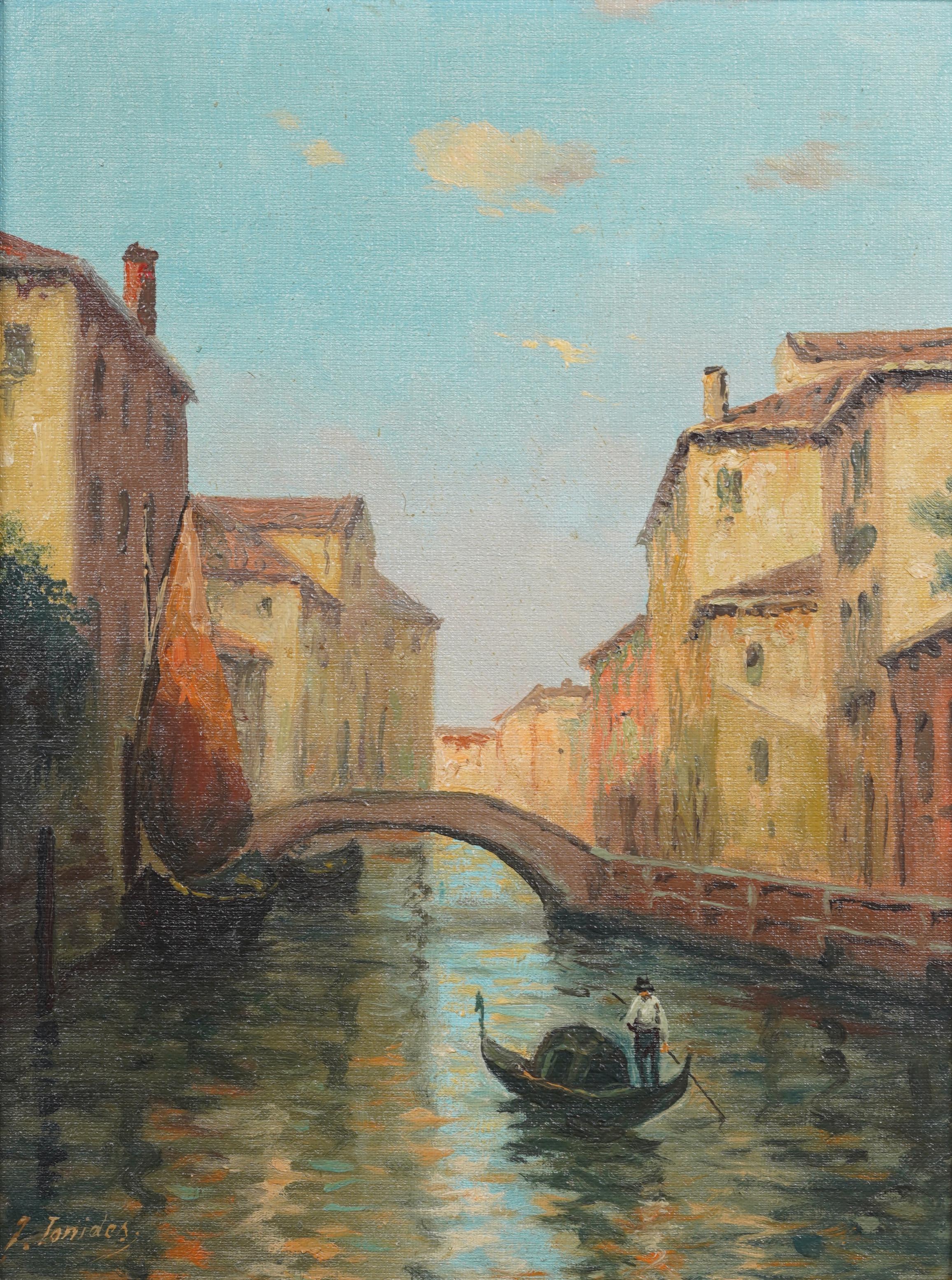 Antike italienische Impressionisten signiert Venedig Stadtbild Gold vergoldet gerahmte Malerei (Braun), Landscape Painting, von Unknown