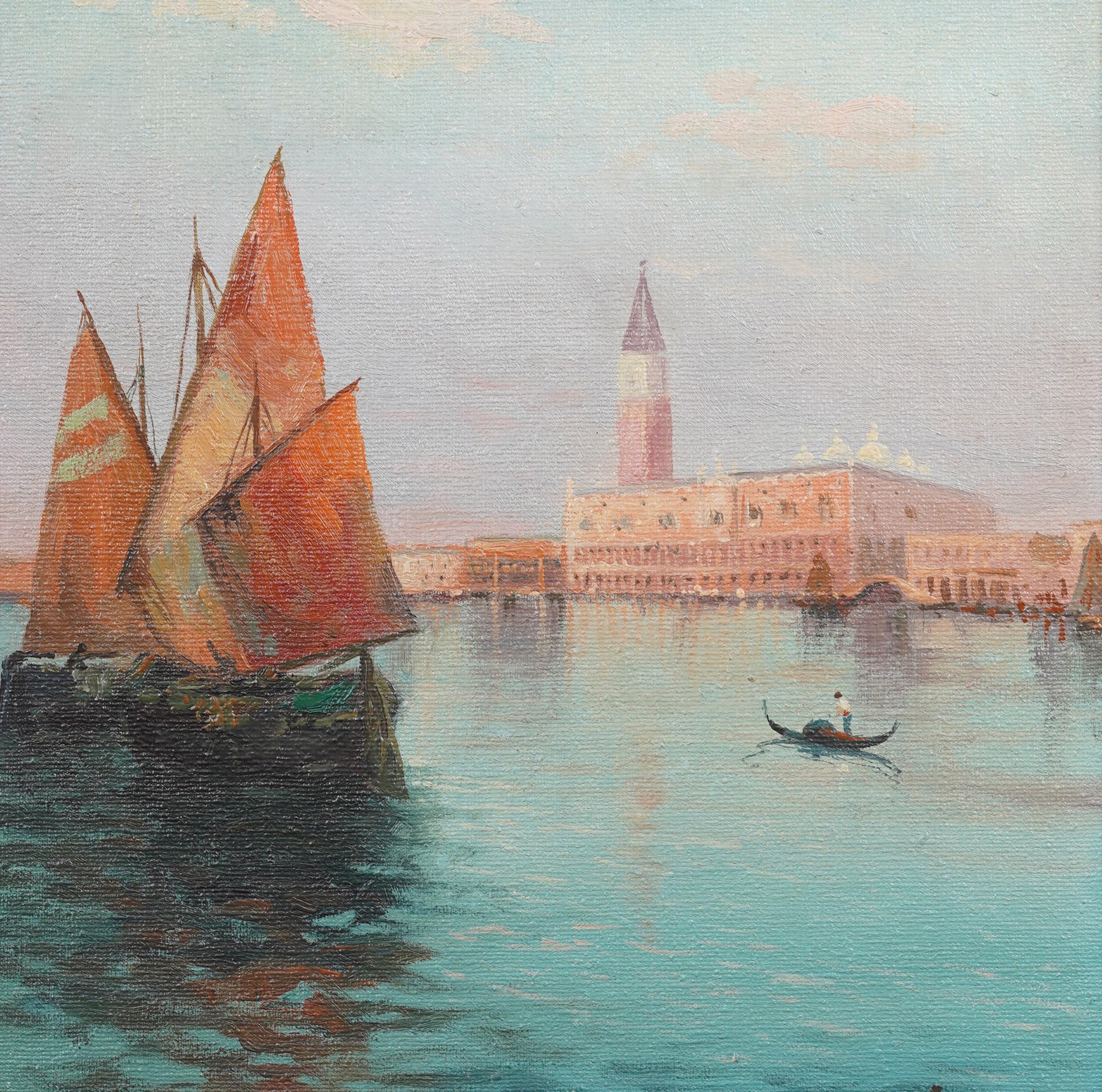 Antiguo cuadro al óleo impresionista italiano Paisaje urbano de Venecia. Óleo sobre tabla.   Enmarcado. Firmado.  En excelente estado original. Bellamente enmarcado en un  molduras de madera.  Excelente estado, listo para colgar y disfrutar. 