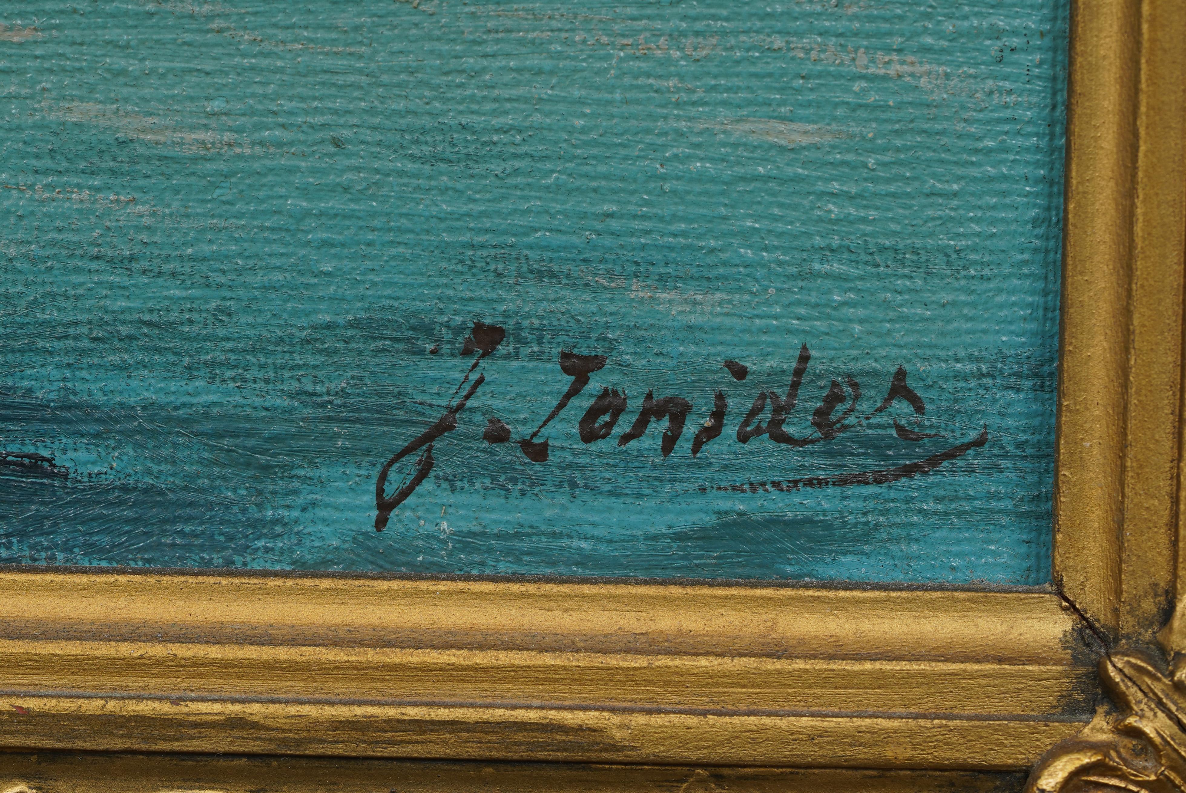 Antiguo cuadro impresionista italiano firmado Paisaje urbano de Venecia con marco dorado en venta 1