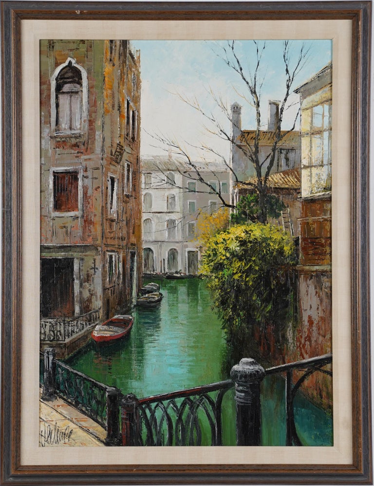 Antique Italian Impressionist Venice Cityscape Signed Original Oil Painting - Black Landscape Painting by Unknown
