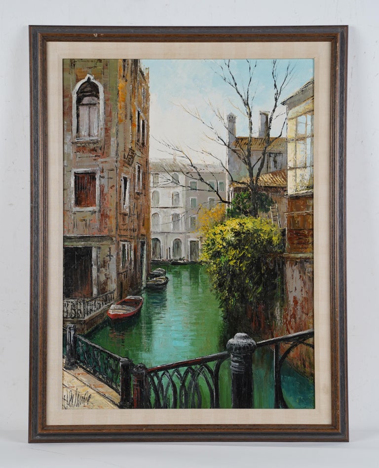 Antique Italian impressionist Venice painting.  Oil on canvasboard, circa 1950.  Signed.  Image size 19L x 27H.  Housed in a period frame.