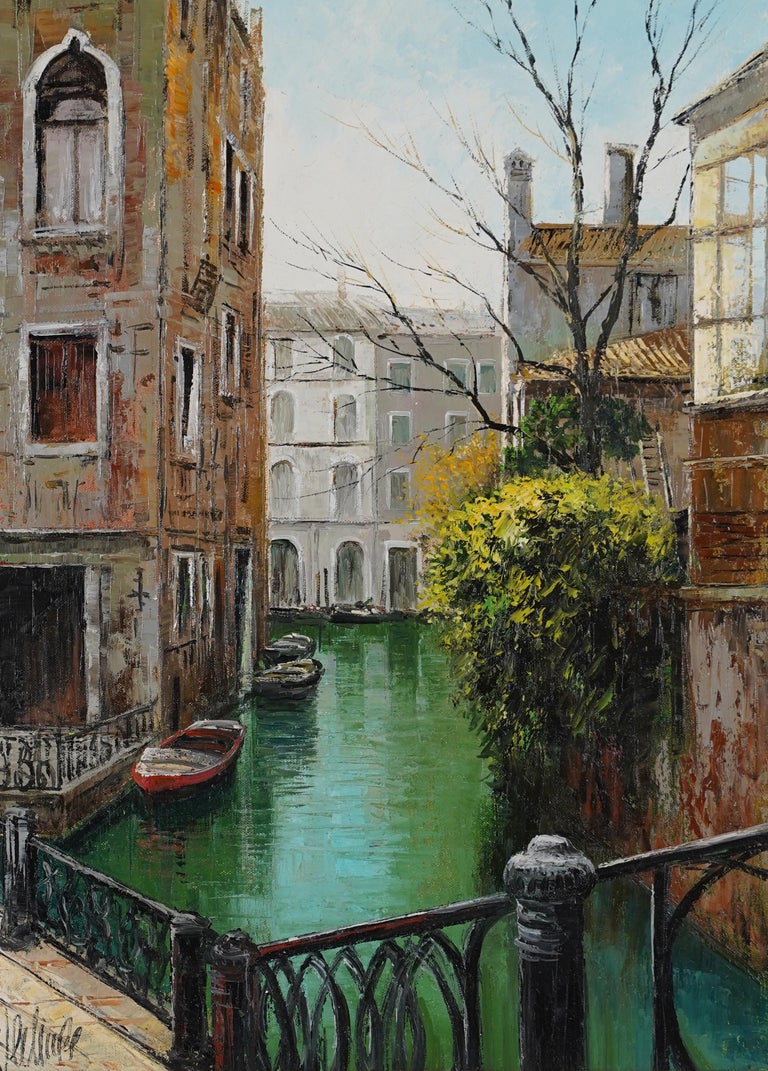 Antique Italian Impressionist Venice Cityscape Signed Original Oil Painting For Sale 1