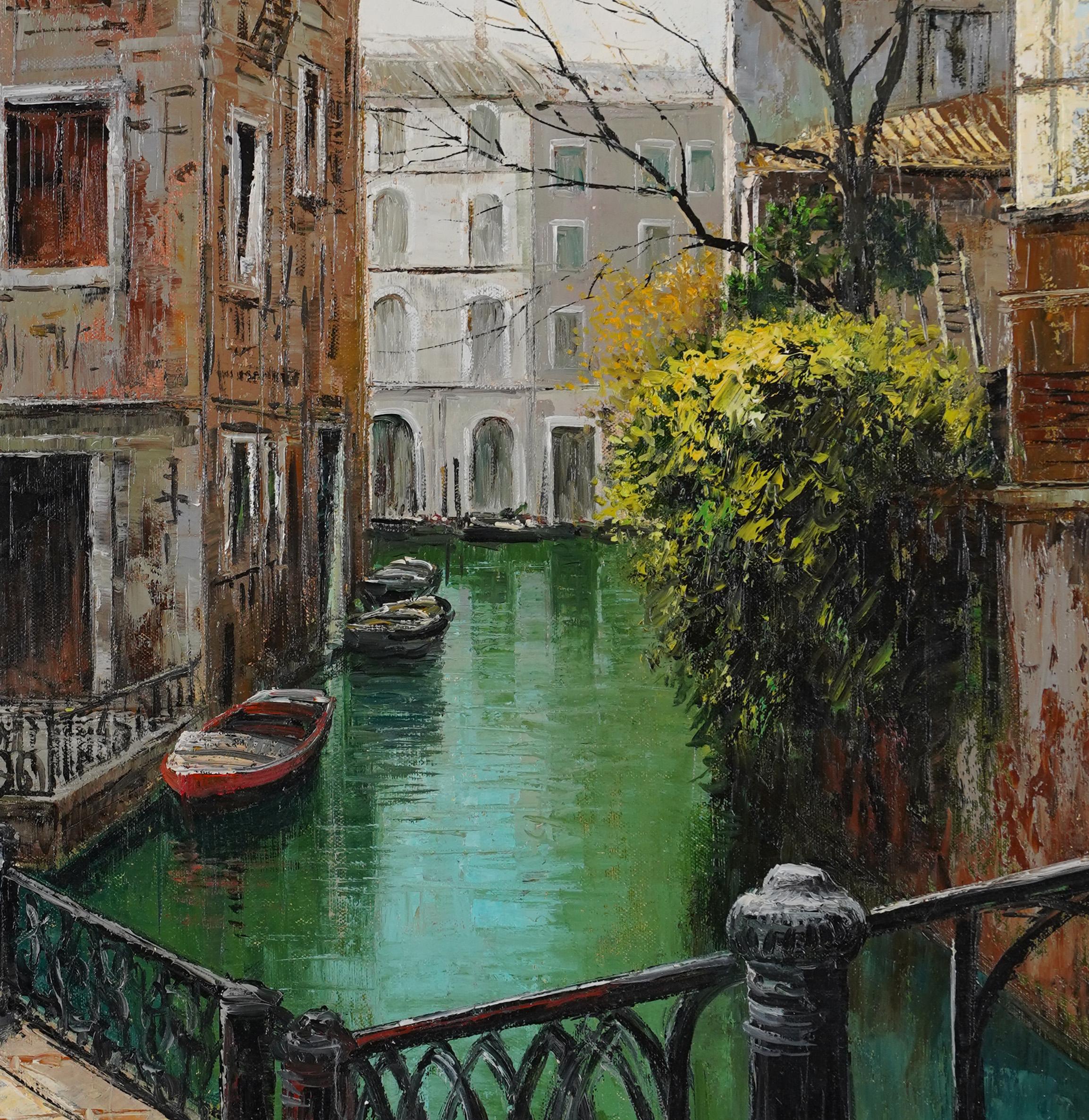 Antique Italian Impressionist Venice Cityscape Signed Original Oil Painting - Black Landscape Painting by Unknown
