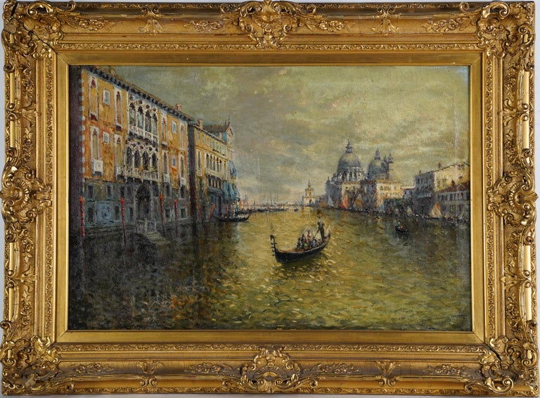 Antique Italian Impressionist Venice Grand Canal Large Original Oil Painting 19c - Brown Landscape Painting by Unknown