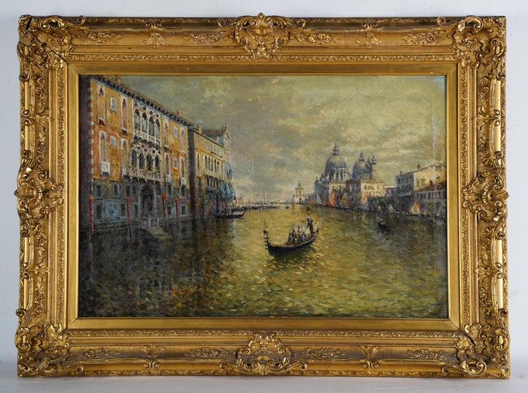 Antique Italian impressionist Venice painting.  Oil on canvas, circa 1890.  Unsigned.  Image size 30L x 20H.  Housed in a period frame.
