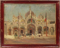 Antique Italian Impressionist Venice Street Scene San Marco Church Oil Painting
