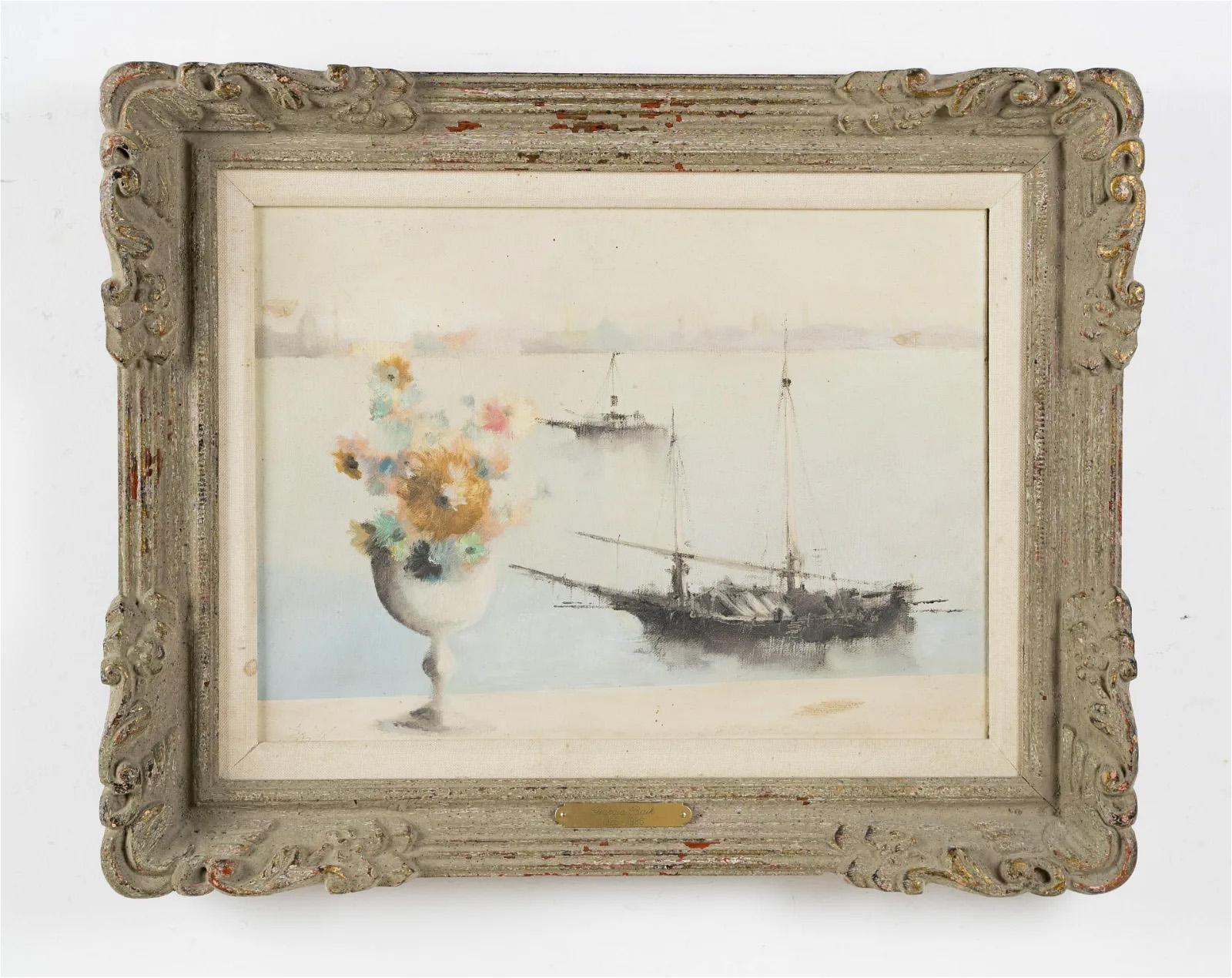 Antique Italian Impressionist Venice Trompe L'Oeil Flower Cityscape Oil Painting For Sale 1