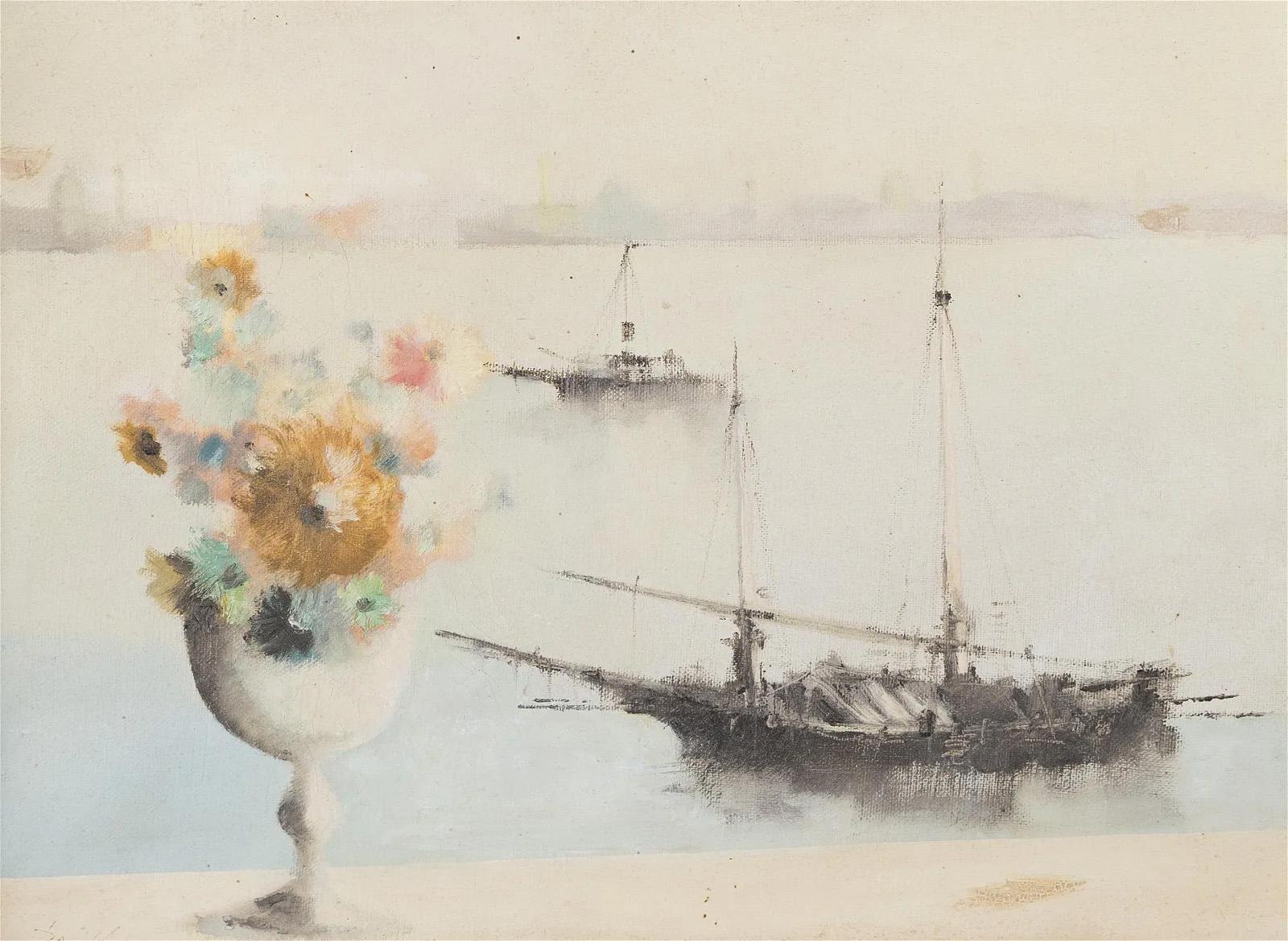 Antique Italian Impressionist Venice Trompe L'Oeil Flower Cityscape Oil Painting For Sale 2