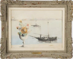 Antique Italian Impressionist Venice Trompe L'Oeil Flower Cityscape Oil Painting