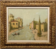 Antique Italian Impressionist Wide Gilt Frame Venice Seascape Oil Painting