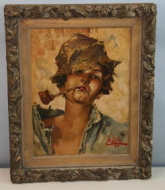 Young Boy Smoking a Pipe Oil Painting, Signed E. Pofa, 11.5x16 in