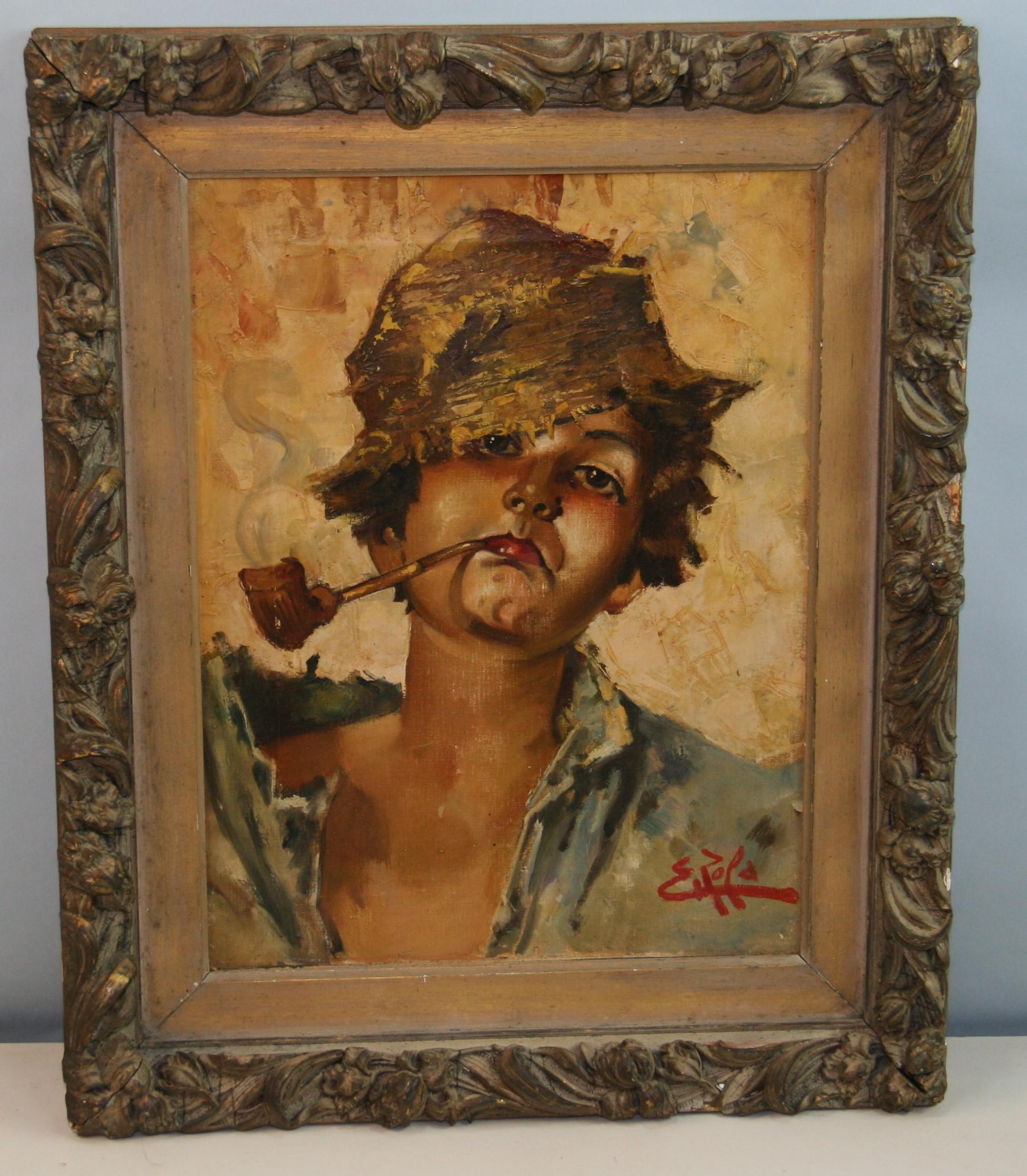 Young Boy Smoking a Pipe Antique Oil Painting, Signed E. Pofa, 11.5x16 in