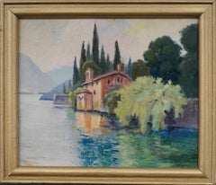 Antico dipinto di paesaggio impressionista del Lago di Como "La Romantica" incorniciato