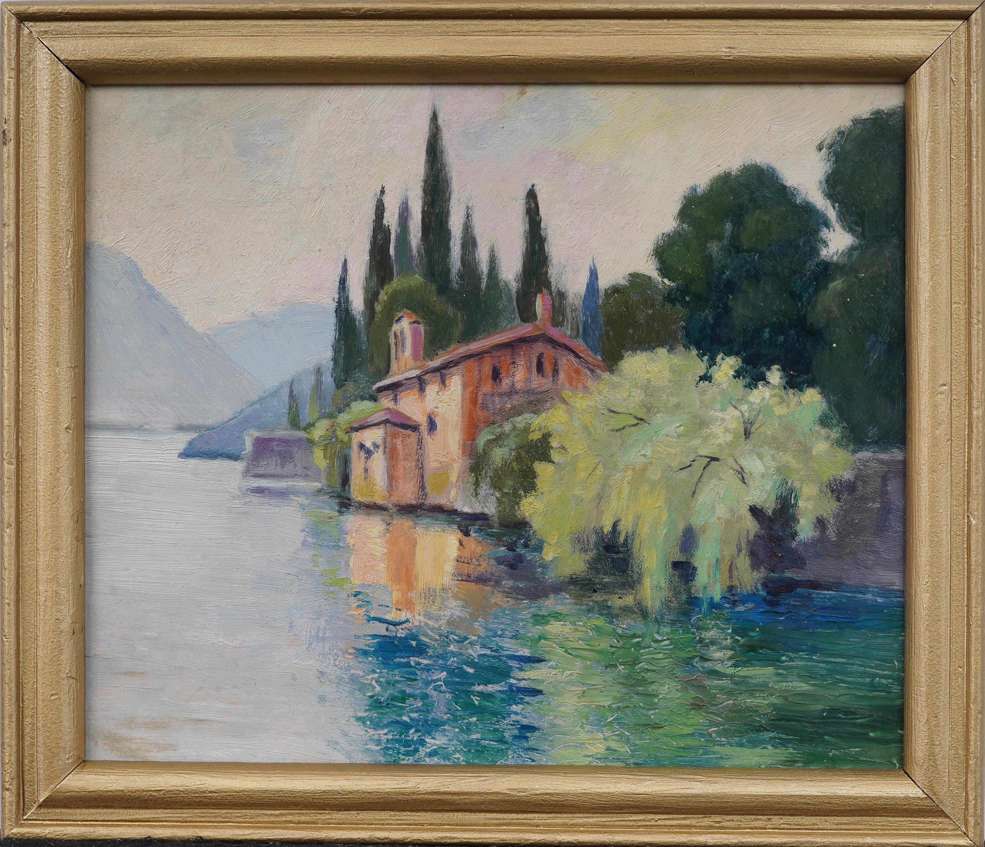 Antique Italian Lake Como "La Romantica" Framed Impressionist Landscape Painting
