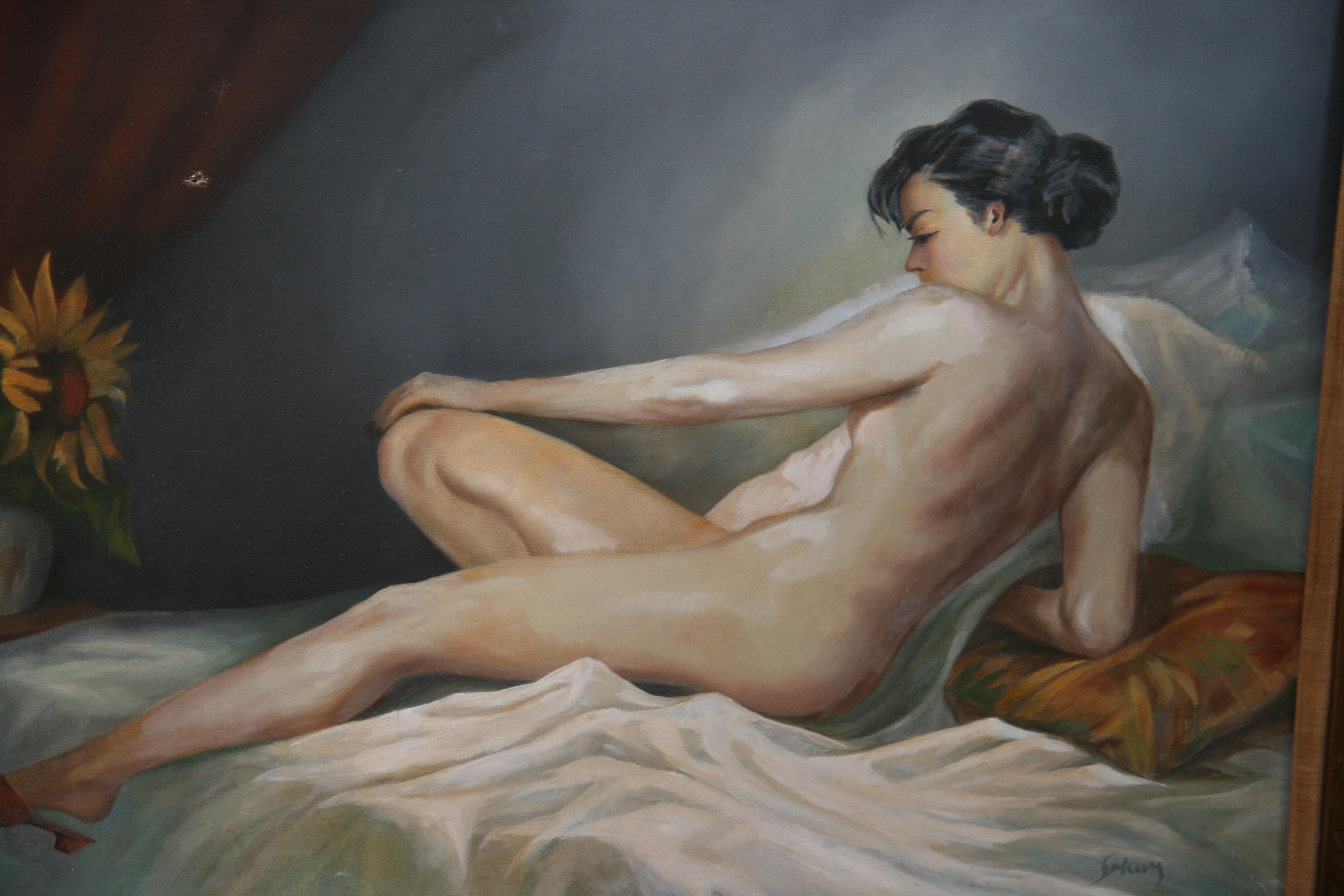 Antico italiano grande figurativo  Quadro a olio con cornice raffigurante una donna nuda reclinata - Nude Painting Nero di Unknown
