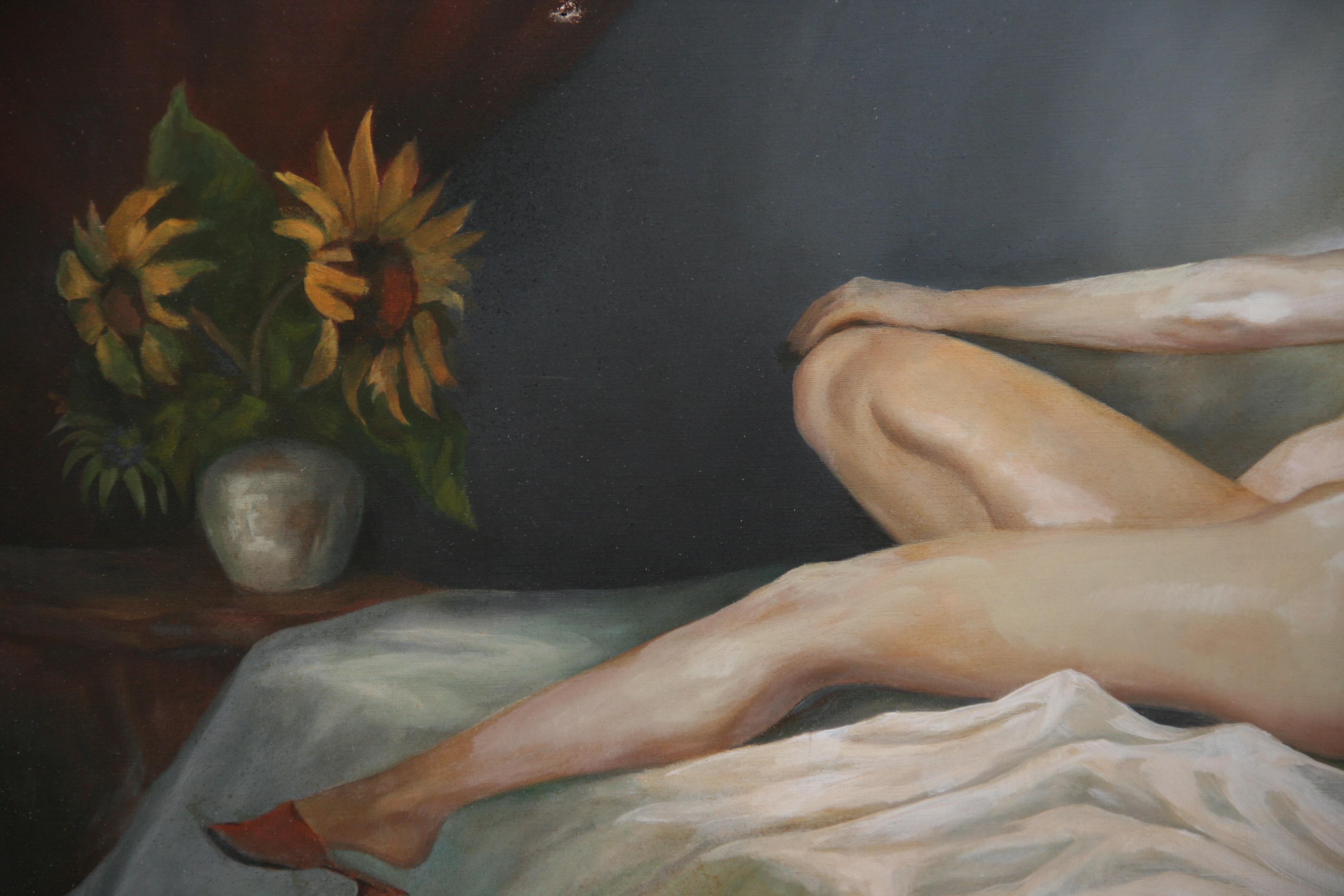 Antico italiano grande figurativo  Quadro a olio con cornice raffigurante una donna nuda reclinata in vendita 2