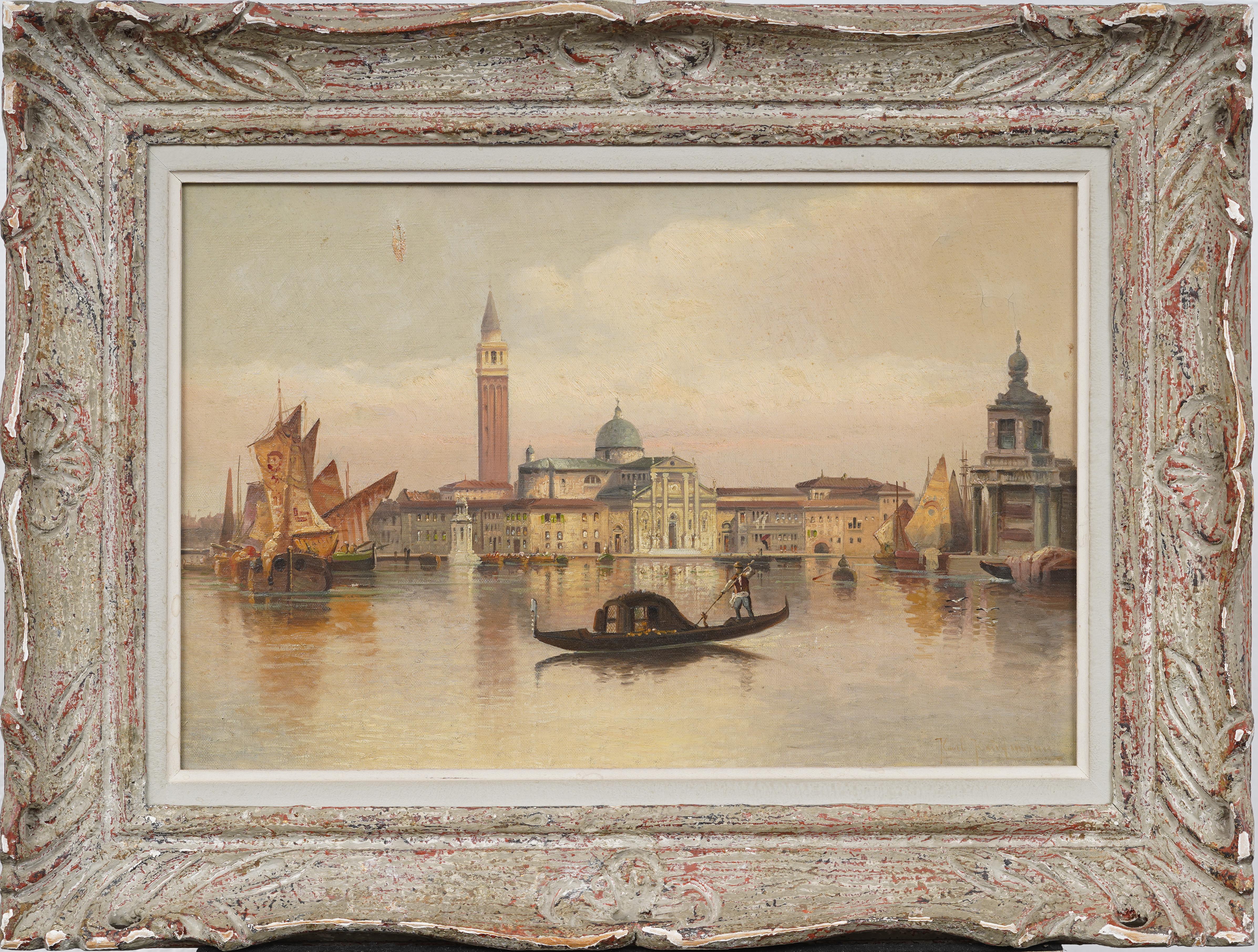 Antique Italian Luminous Venice Cityscape Gondola Framed Impressionist Painting - Brown Landscape Painting by Unknown