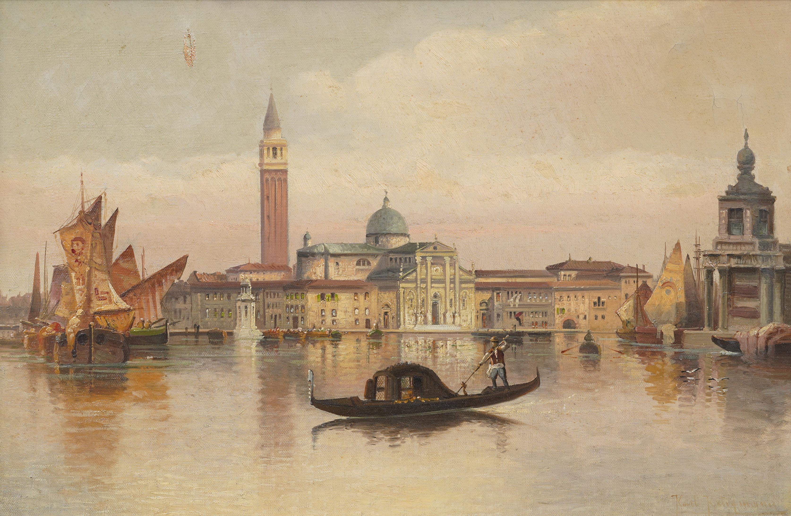 Antique Italian venice cityscape oil painting. Oil on canvas. Framed. Measuring: 19 by 25 inches overall, and 12.5 by 18.5 painting alone..  In excellent original condition. Handsomely framed in a  giltwood molding.  Excellent condition, ready to