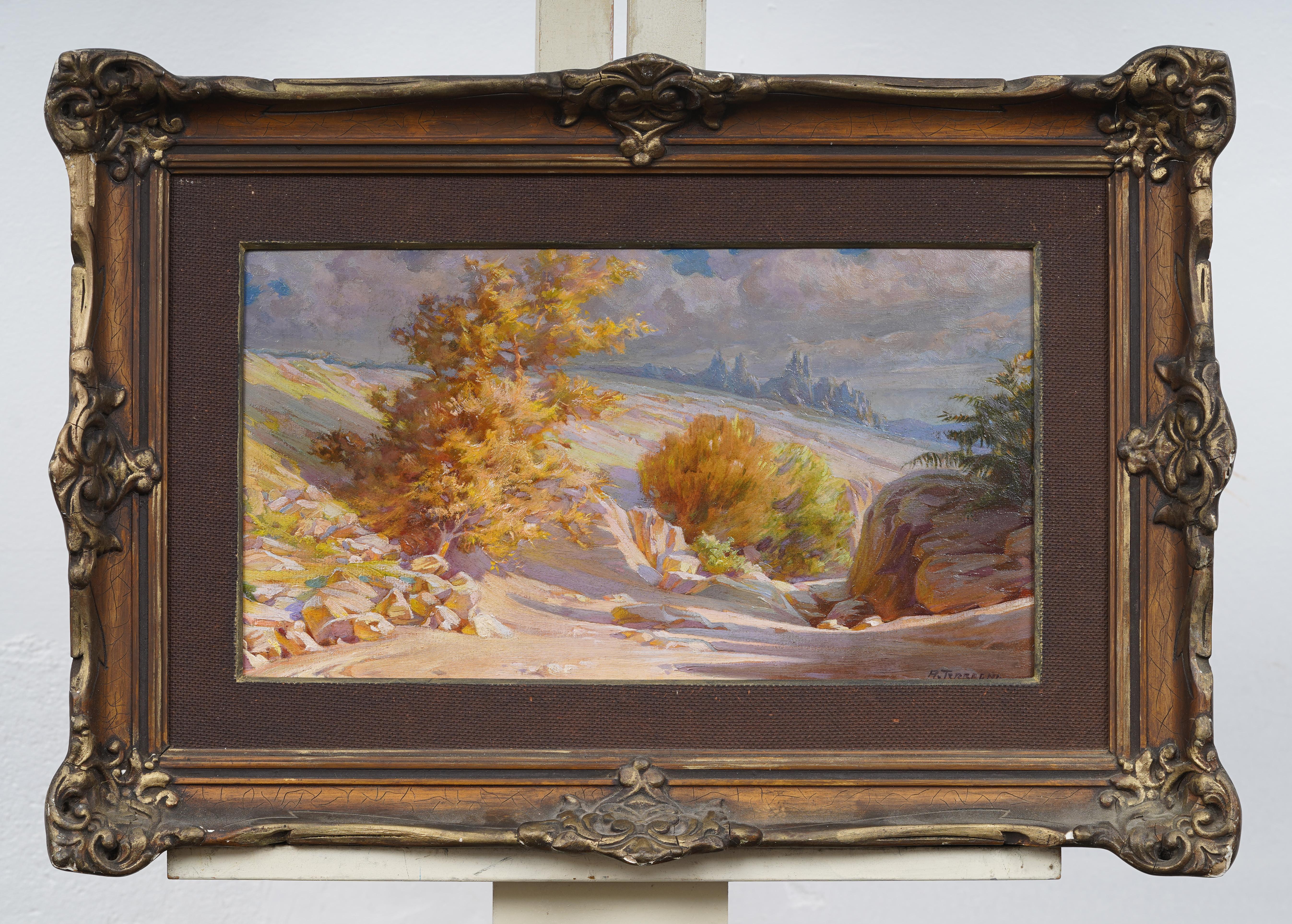 Ancienne peinture italienne de paysage de montagne avec arbres dorés, éclairée par le soleil - Painting de Unknown