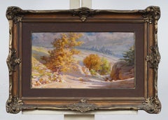 Antique Italian Mountain Landscape with Golden Trees Sunlit Landscape Painting