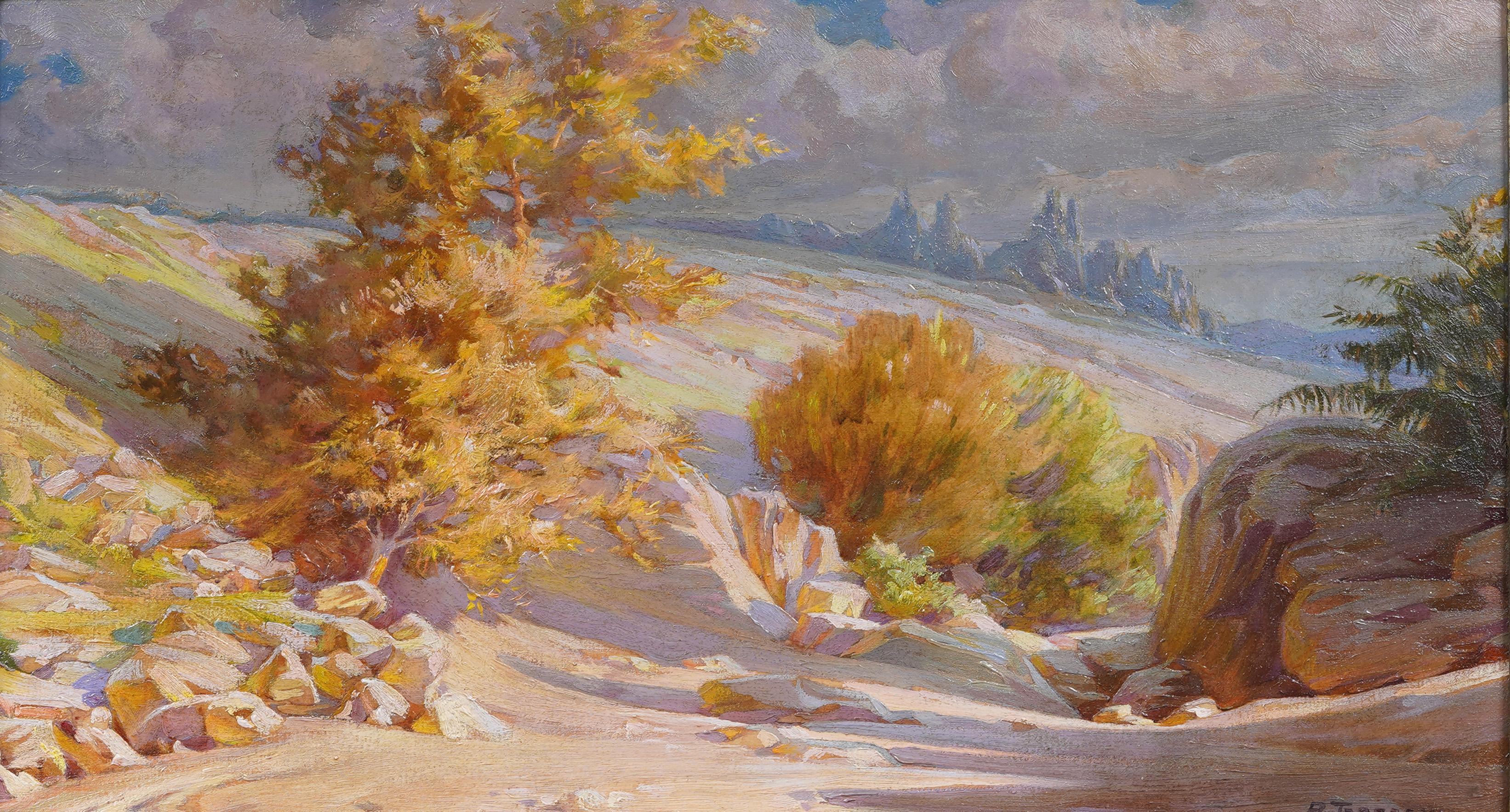 Ancienne peinture italienne de paysage de montagne avec arbres dorés, éclairée par le soleil - Impressionnisme Painting par Unknown