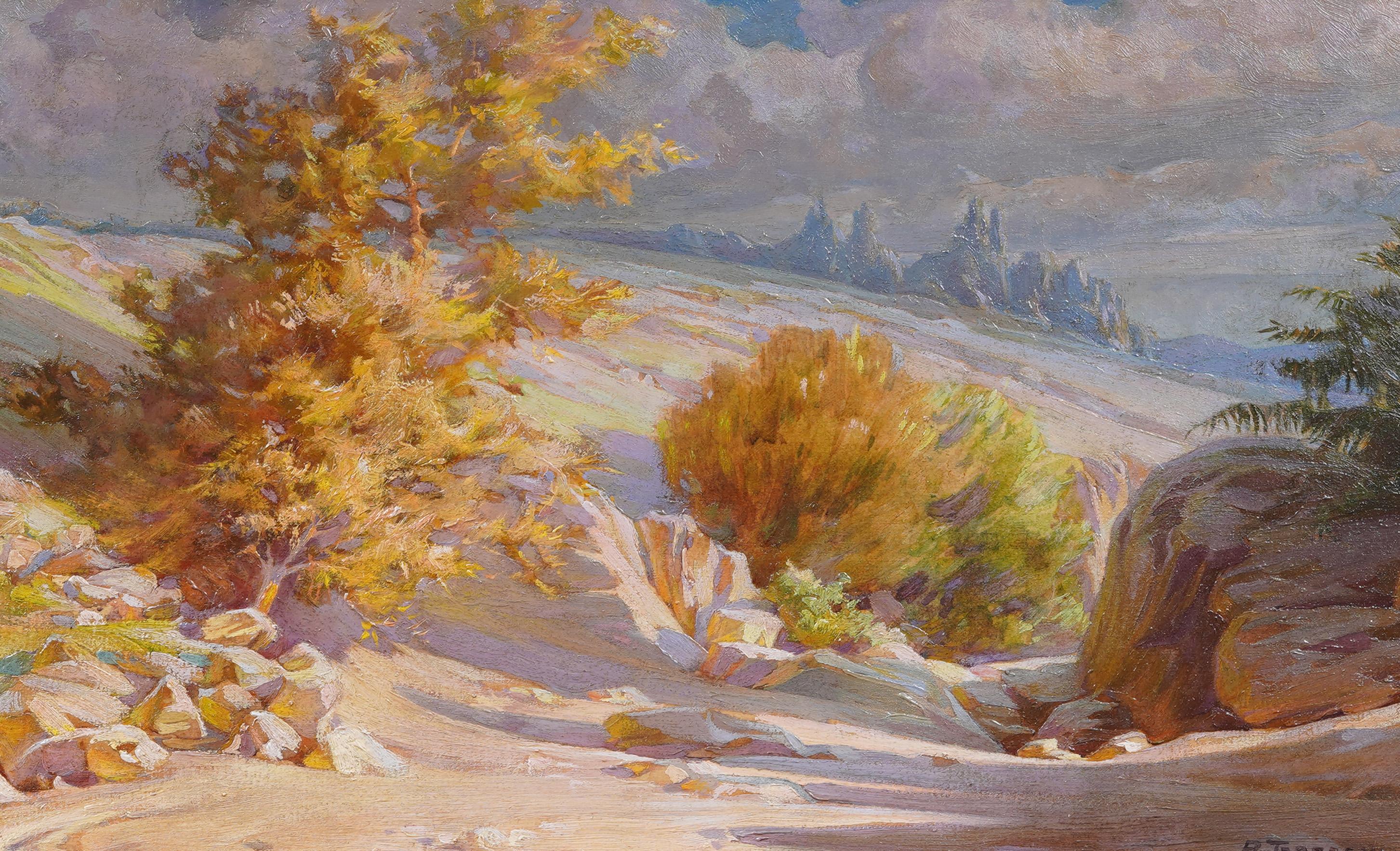 Ancienne peinture italienne de paysage de montagne avec arbres dorés, éclairée par le soleil - Marron Landscape Painting par Unknown