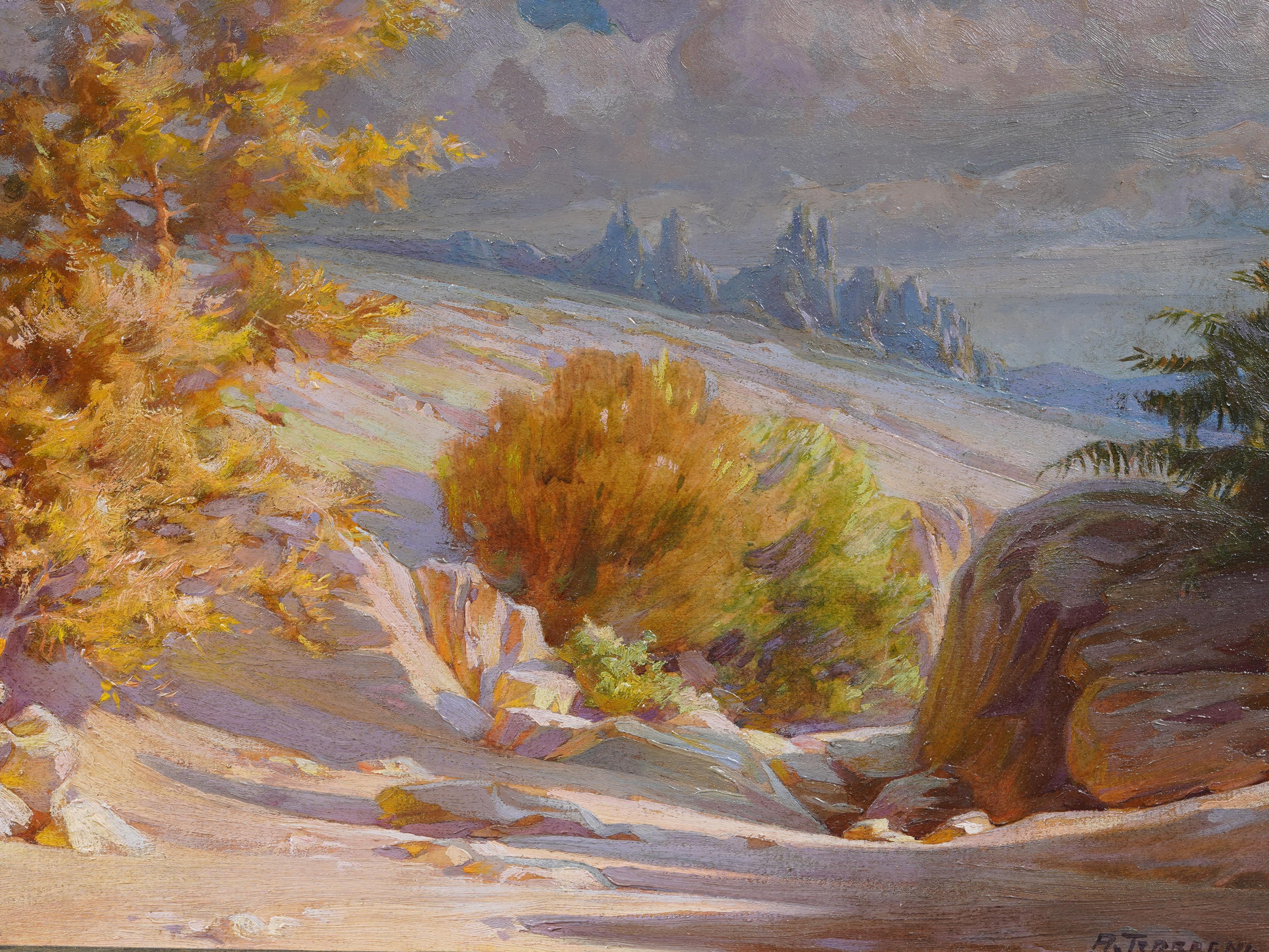 Ancienne peinture italienne de paysage de montagne avec arbres dorés, éclairée par le soleil en vente 1